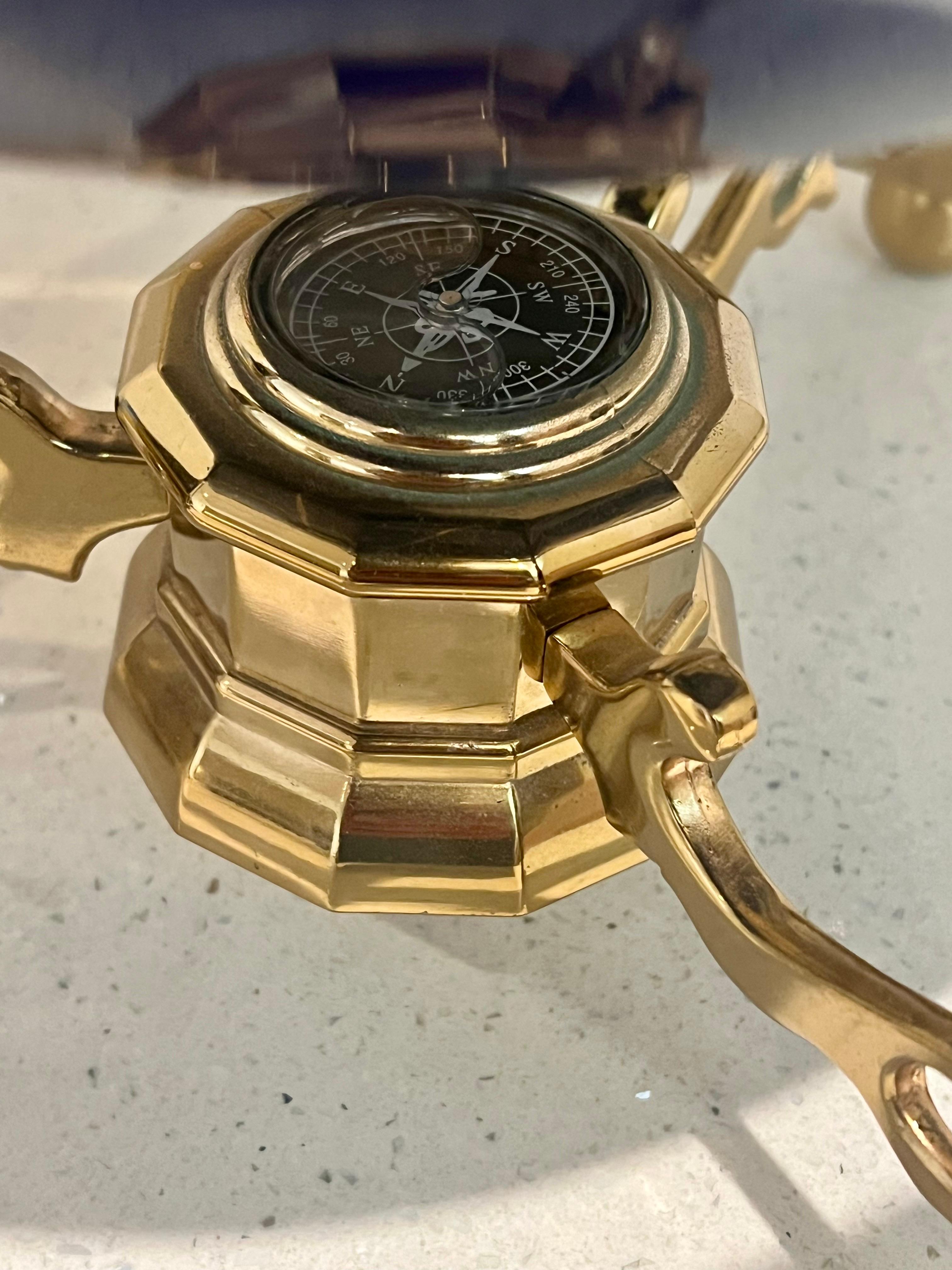 Hand-Crafted Post Modern Lapis & Gemstone Revolving World Globe on Brass Stand & Compass For Sale