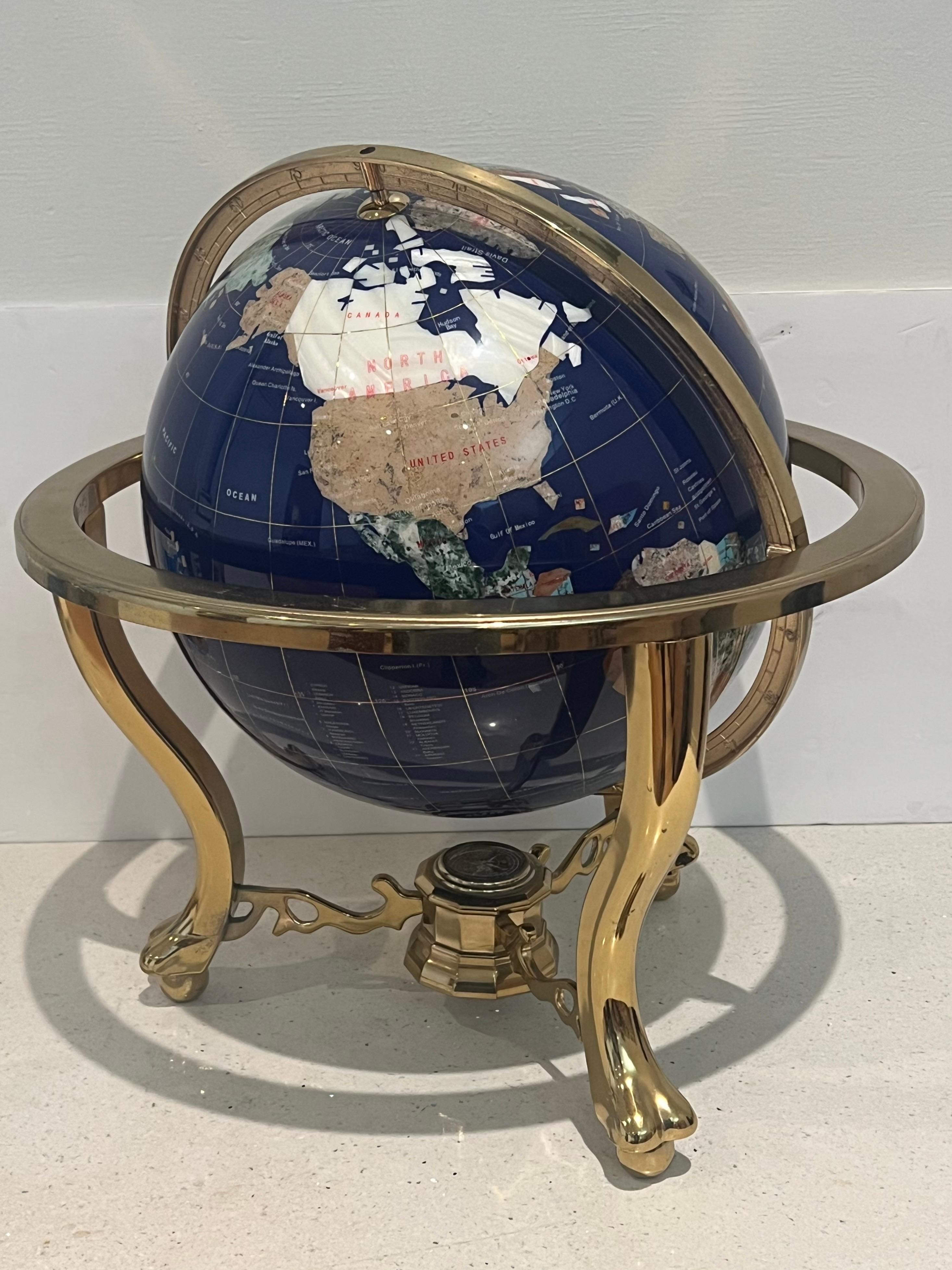 Post Modern Lapis & Gemstone Revolving World Globe on Brass Stand & Compass In Excellent Condition For Sale In San Diego, CA