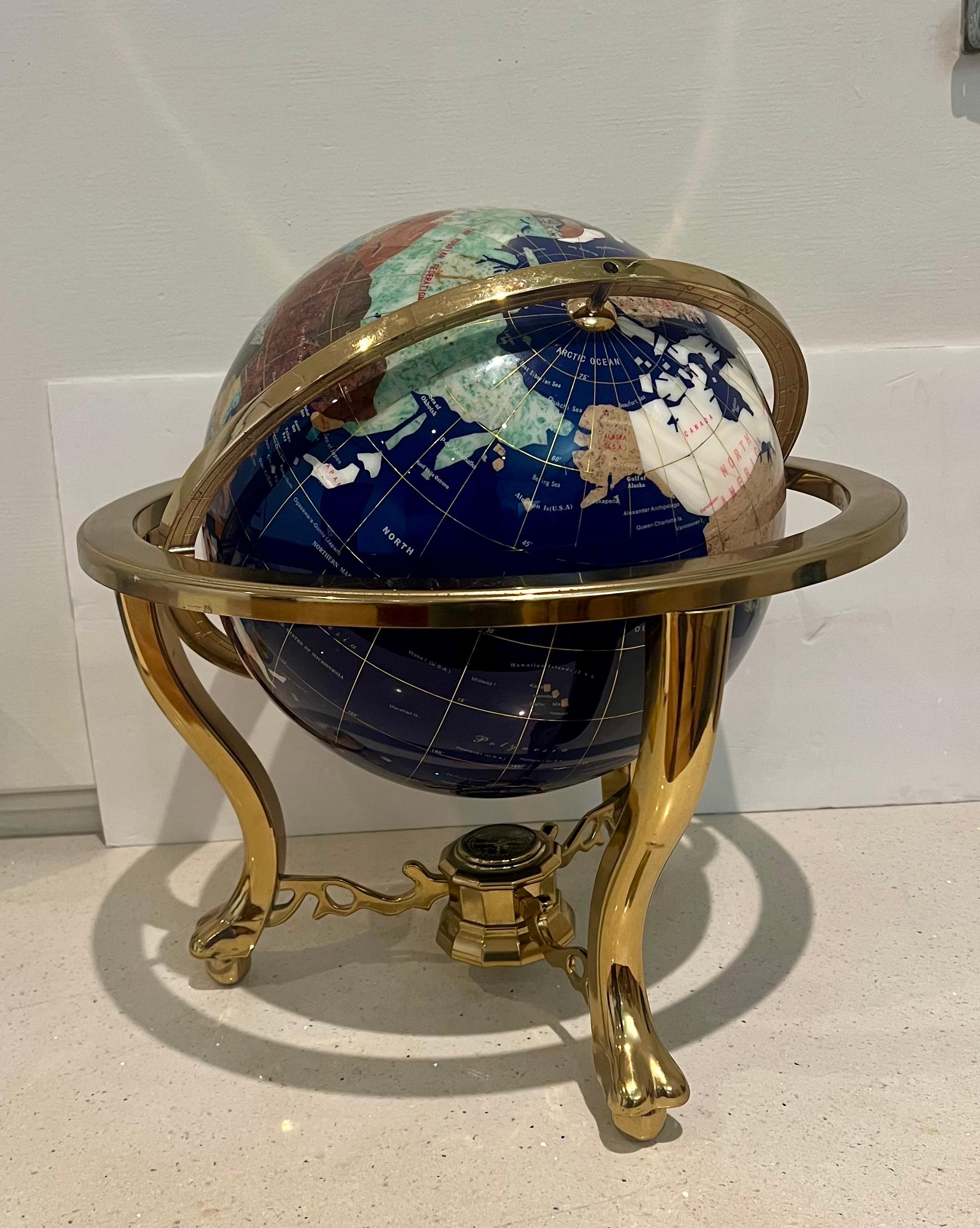 20th Century Post Modern Lapis & Gemstone Revolving World Globe on Brass Stand & Compass For Sale