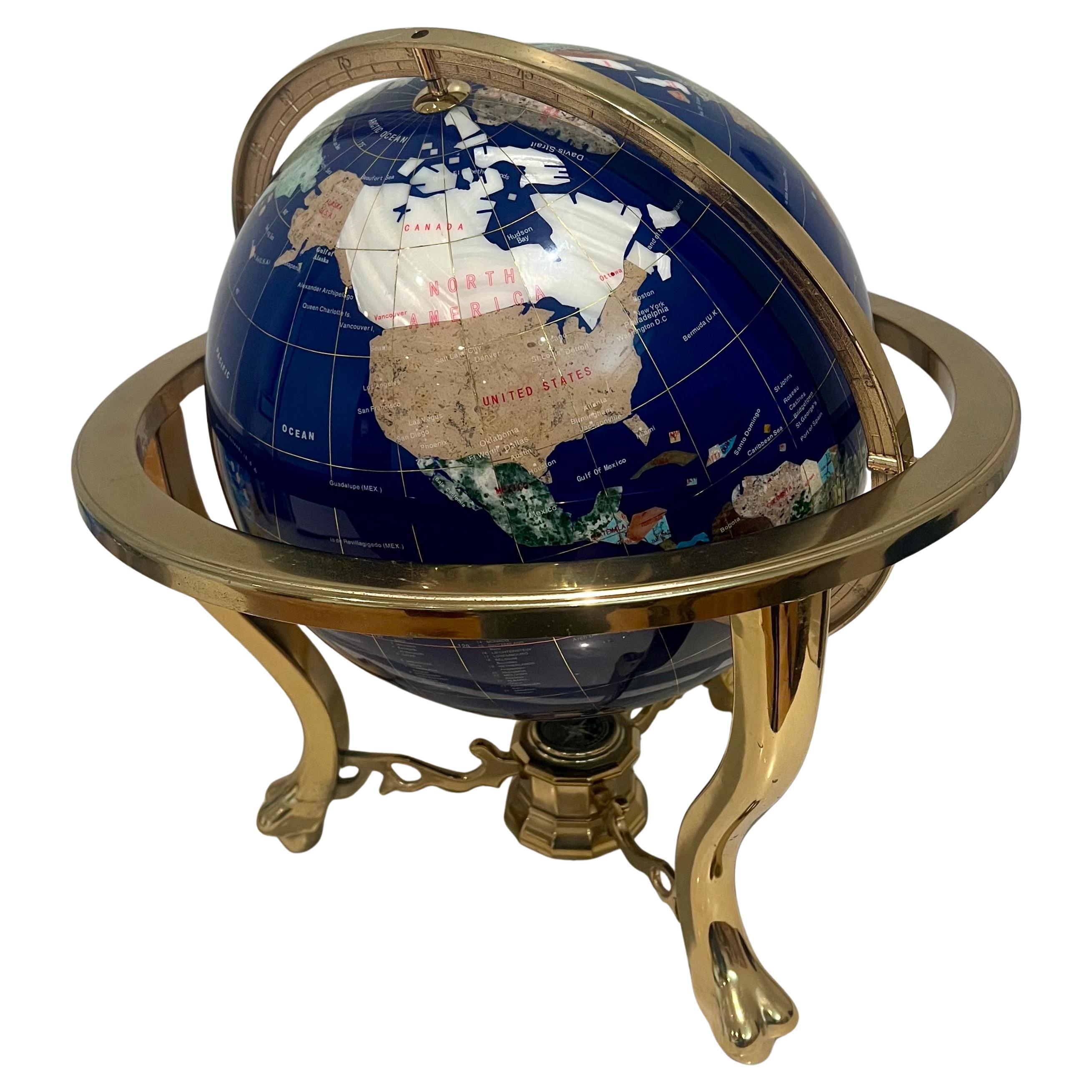 Post Modern Lapis & Gemstone Revolving World Globe on Brass Stand & Compass