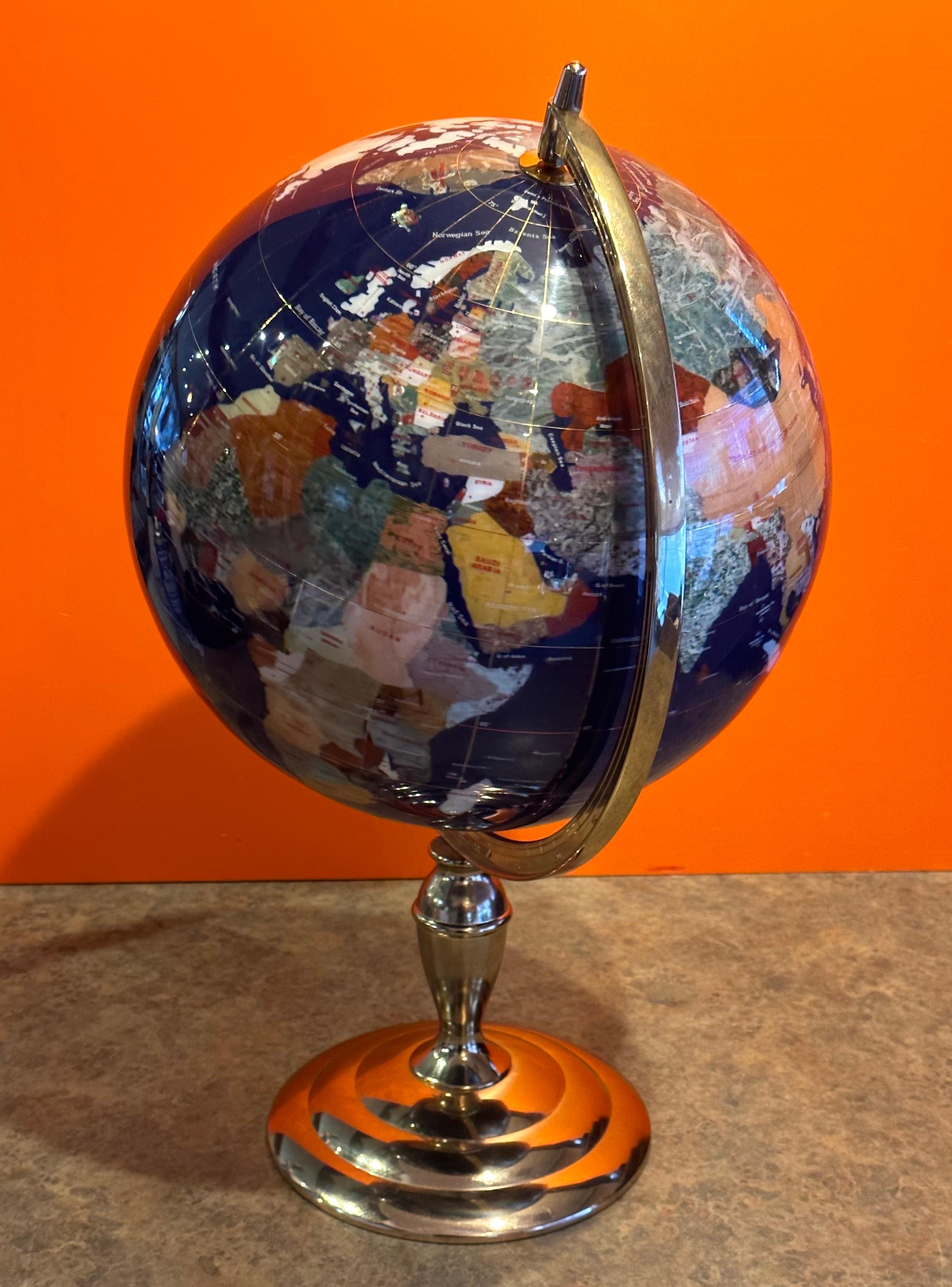 20th Century Post Modern Lapis & Gemstone Revolving World Globe on Brass Stand For Sale