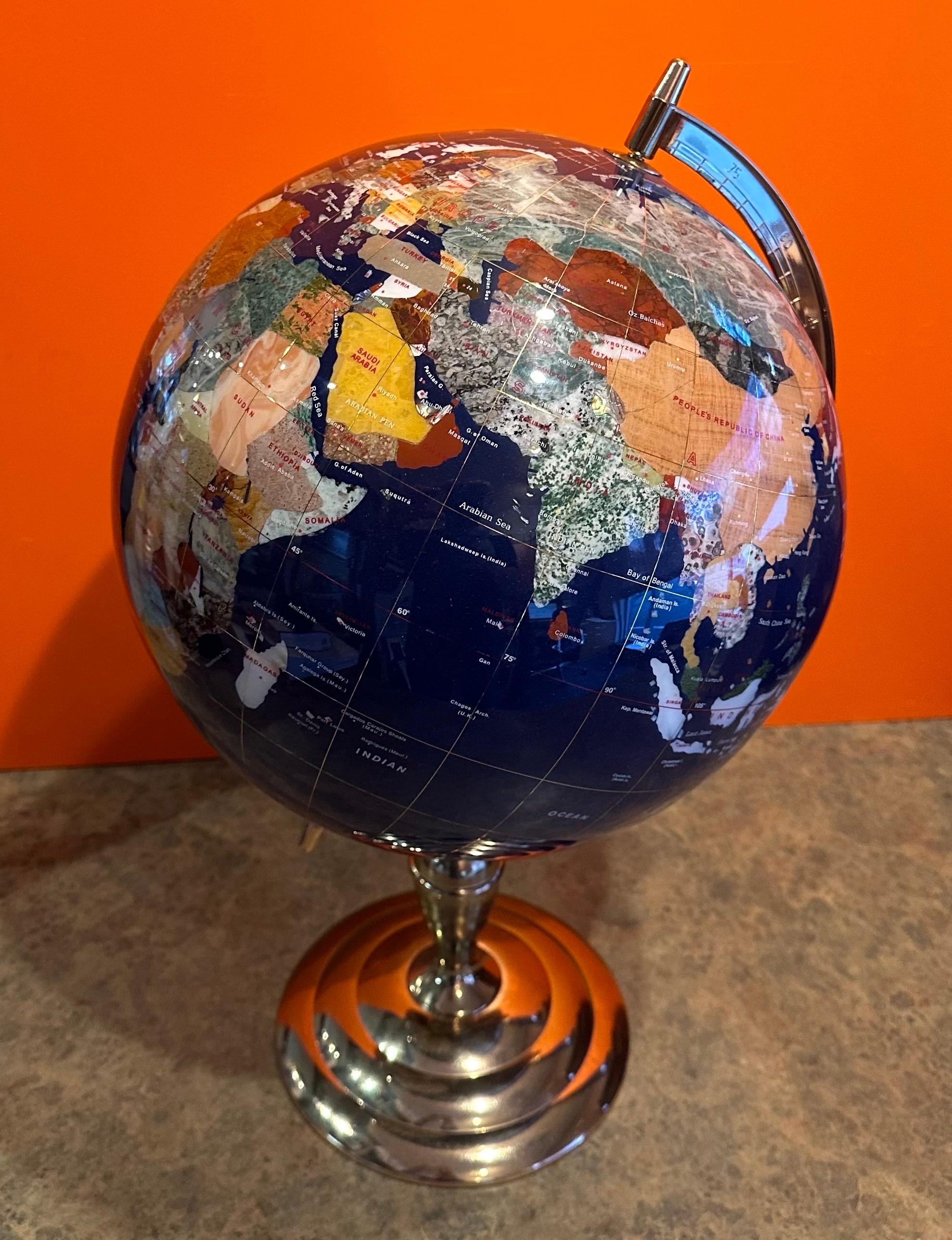 Post Modern Lapis & Gemstone Revolving World Globe on Brass Stand 1