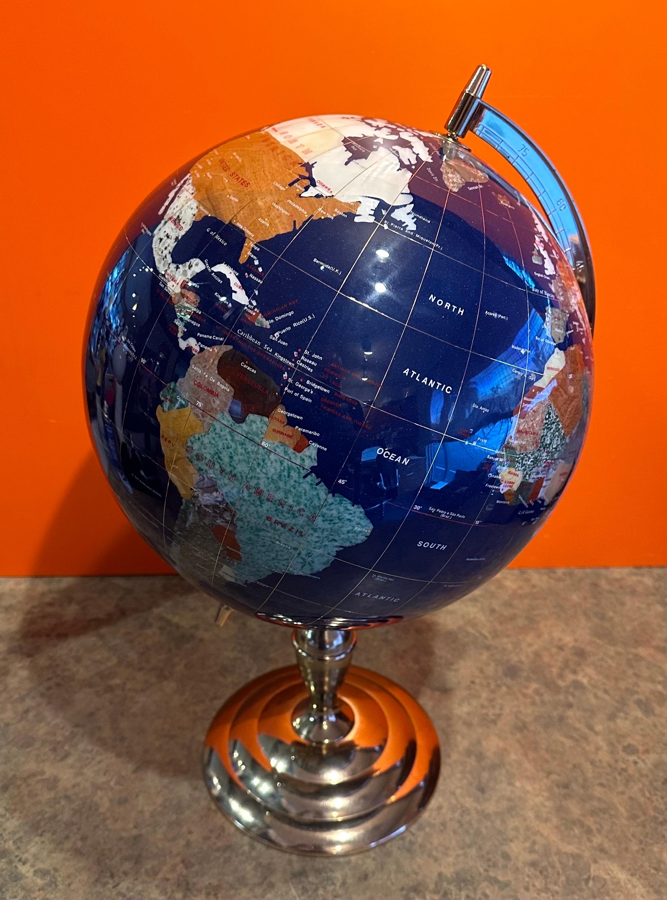 Post Modern Lapis & Gemstone Revolving World Globe on Brass Stand 2