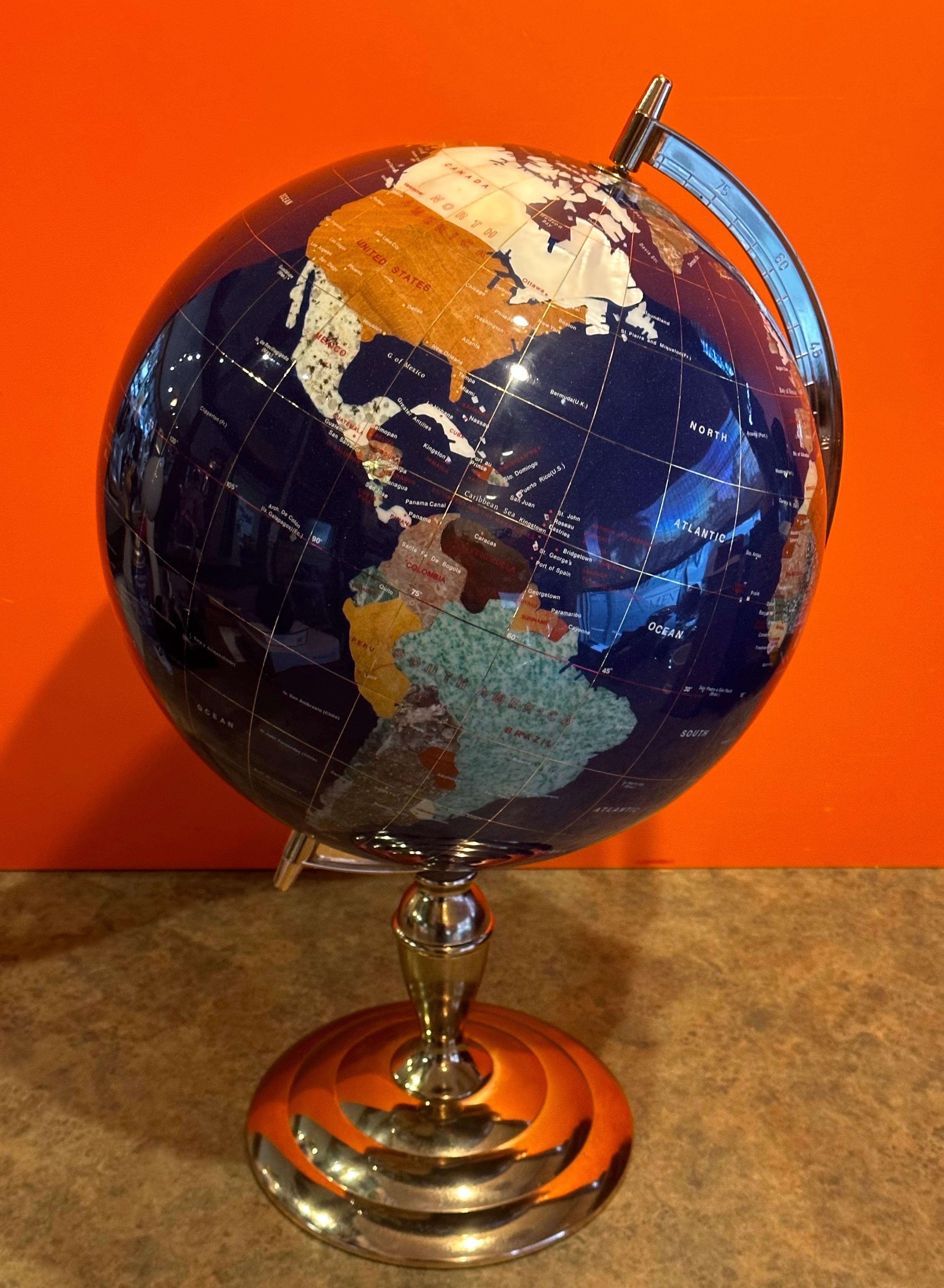 Post Modern Lapis & Gemstone Revolving World Globe on Brass Stand 3