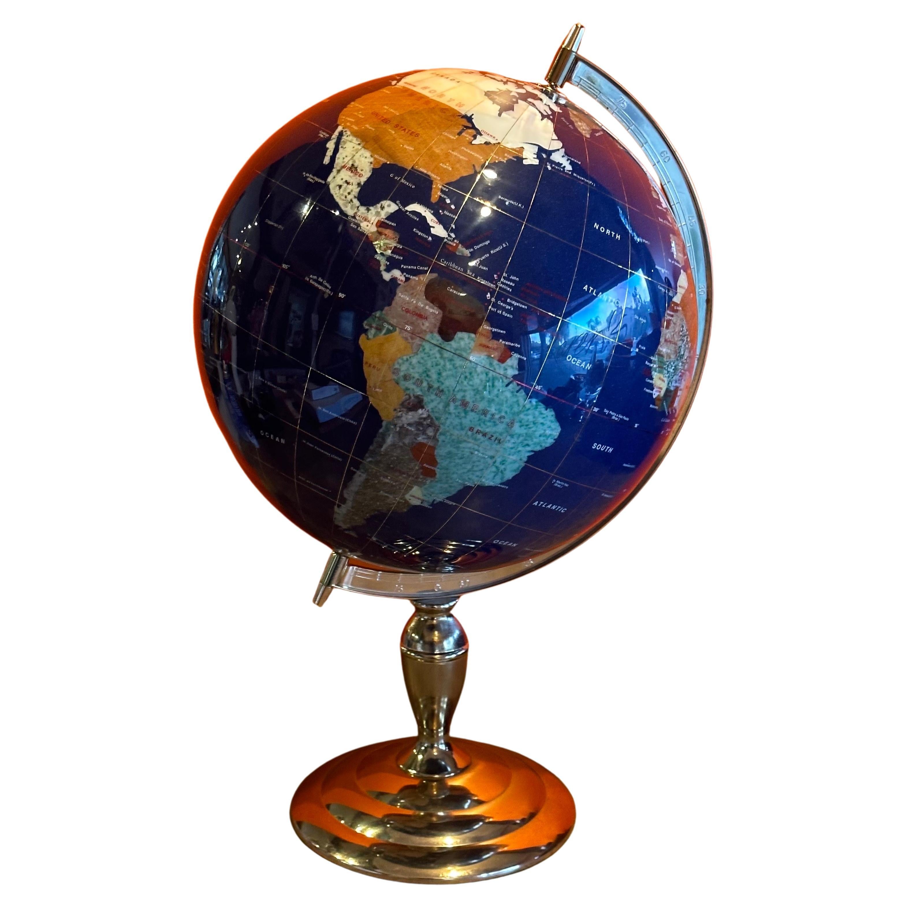 Post Modern Lapis & Gemstone Revolving World Globe on Brass Stand For Sale 4