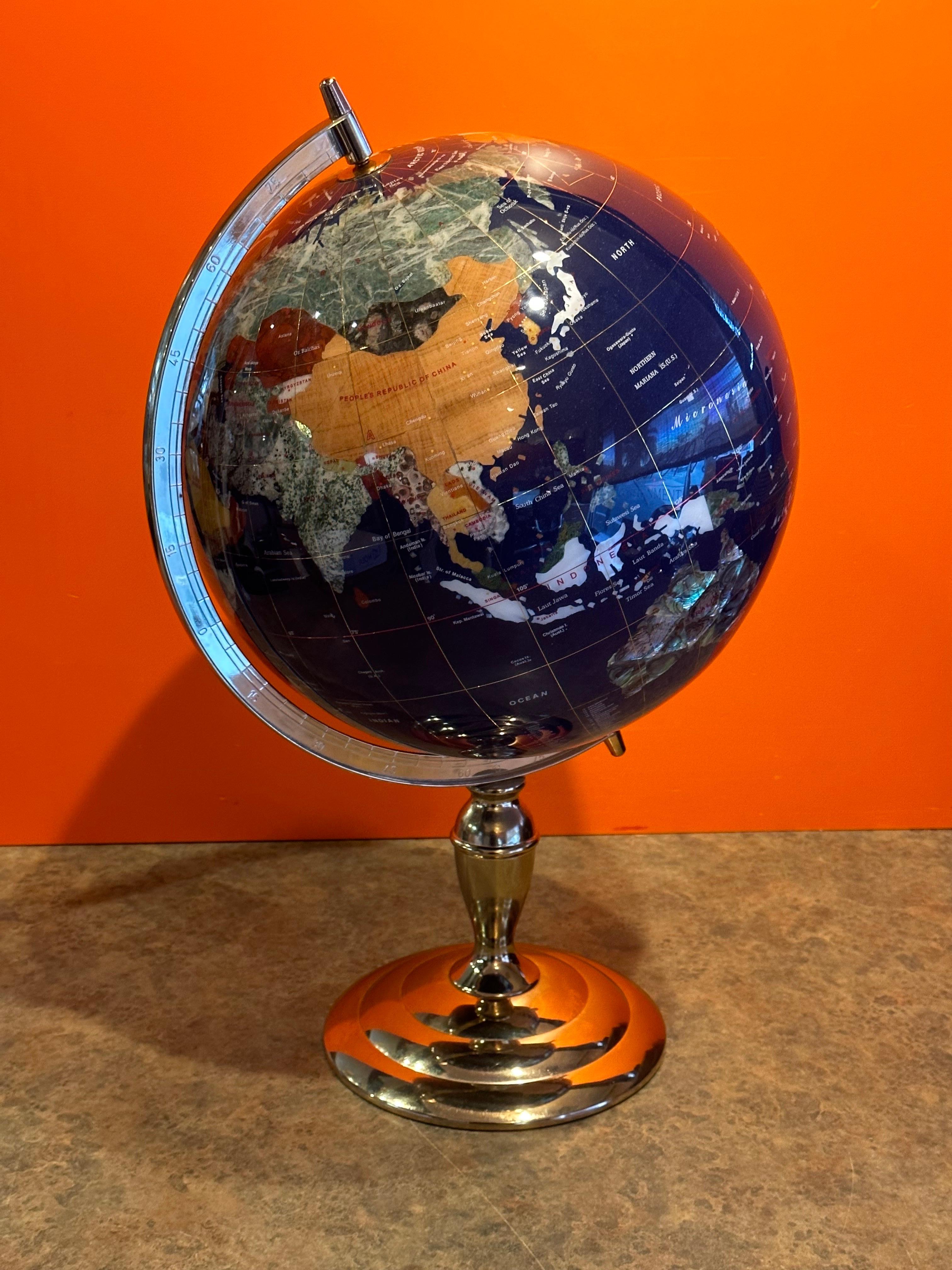 Hand-Crafted Post Modern Lapis & Gemstone Revolving World Globe on Brass Stand For Sale