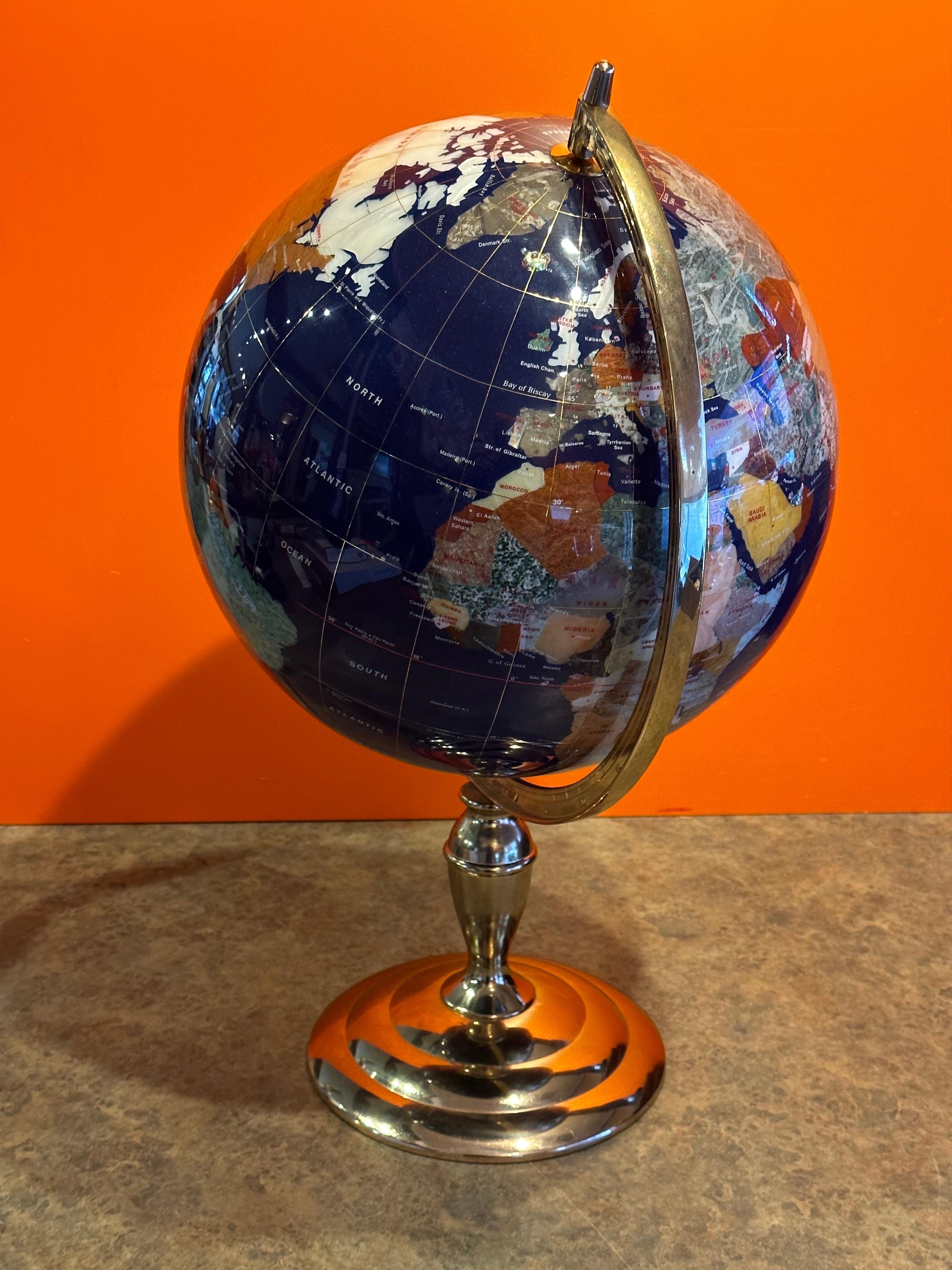 Post Modern Lapis & Gemstone Revolving World Globe on Brass Stand In Good Condition In San Diego, CA