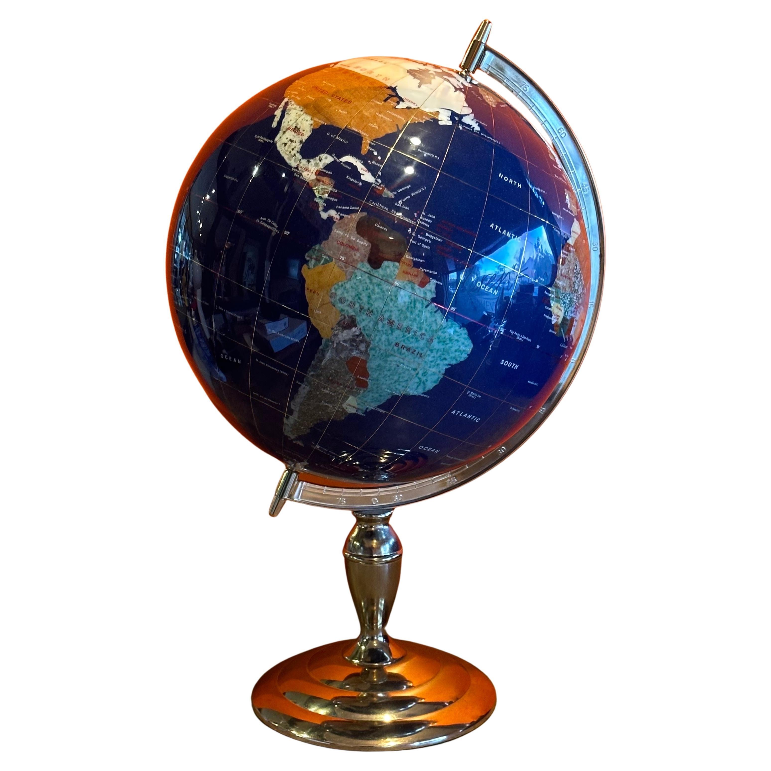 Post Modern Lapis & Gemstone Revolving World Globe on Brass Stand