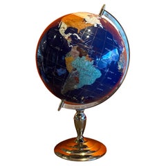 Retro Post Modern Lapis & Gemstone Revolving World Globe on Brass Stand