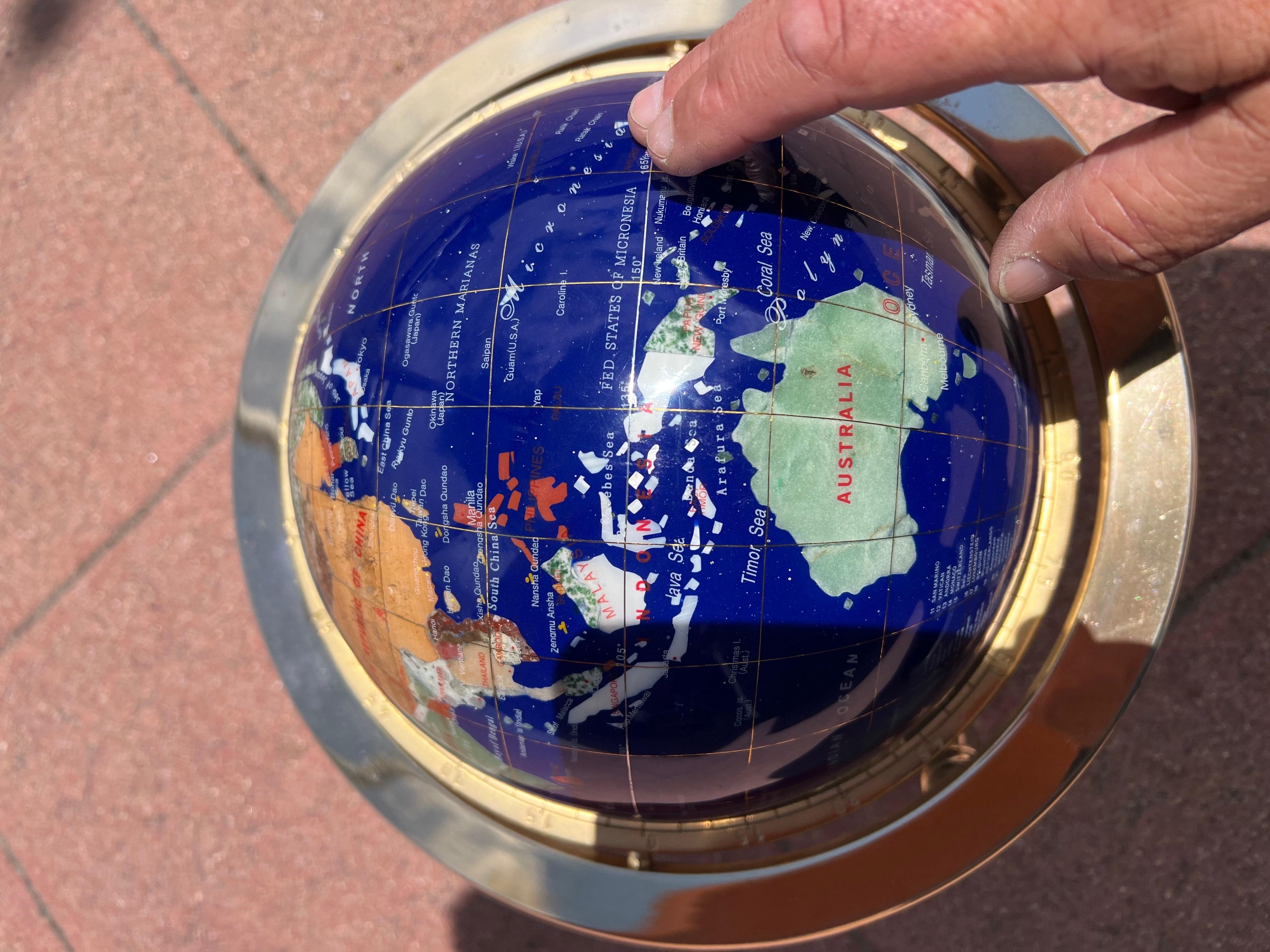 Afghan Post Modern Lapis & Gemstone Revolving World Globe on Solid Brass Stand