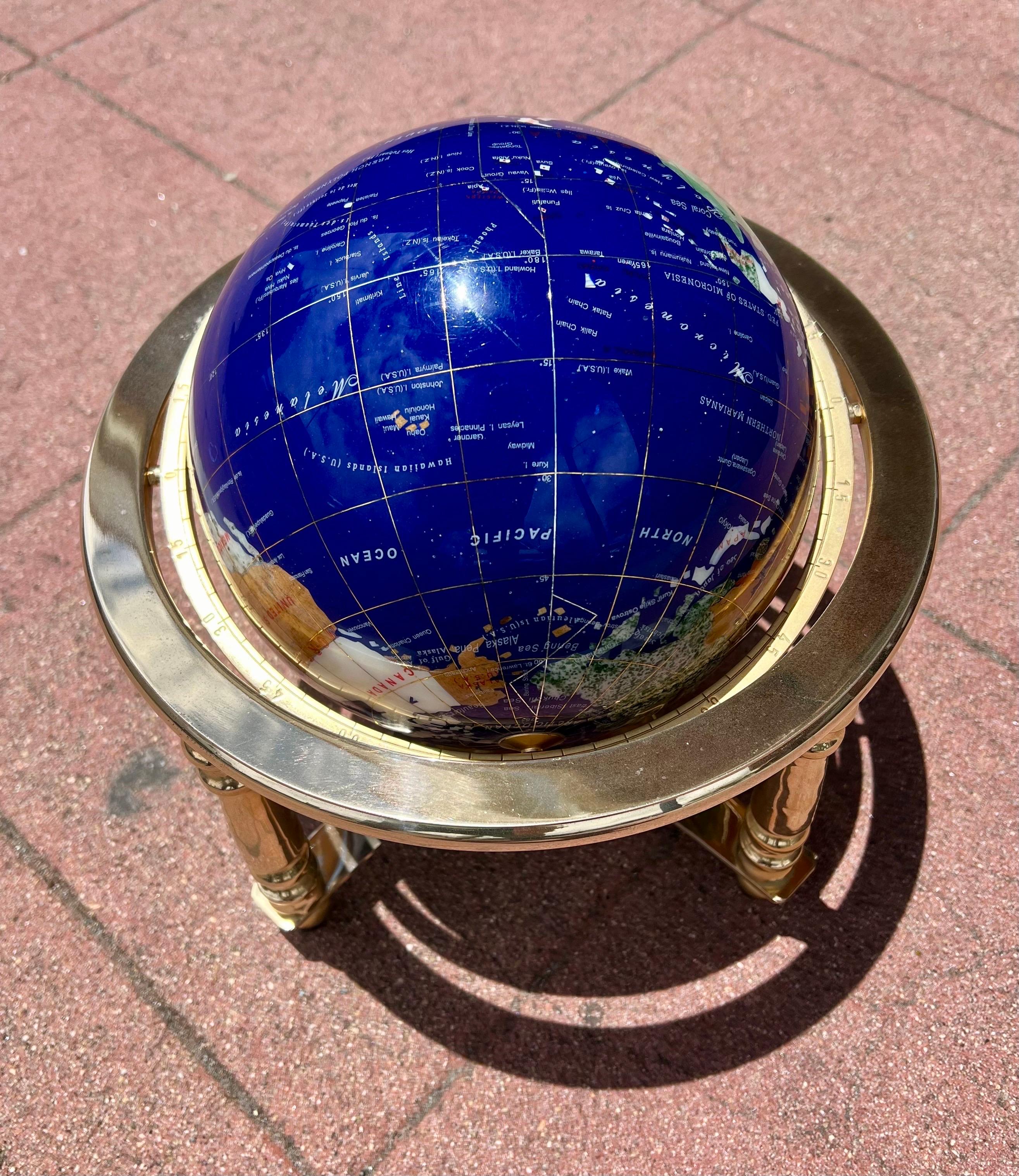 Hand-Crafted Post Modern Lapis & Gemstone Revolving World Globe on Solid Brass Stand
