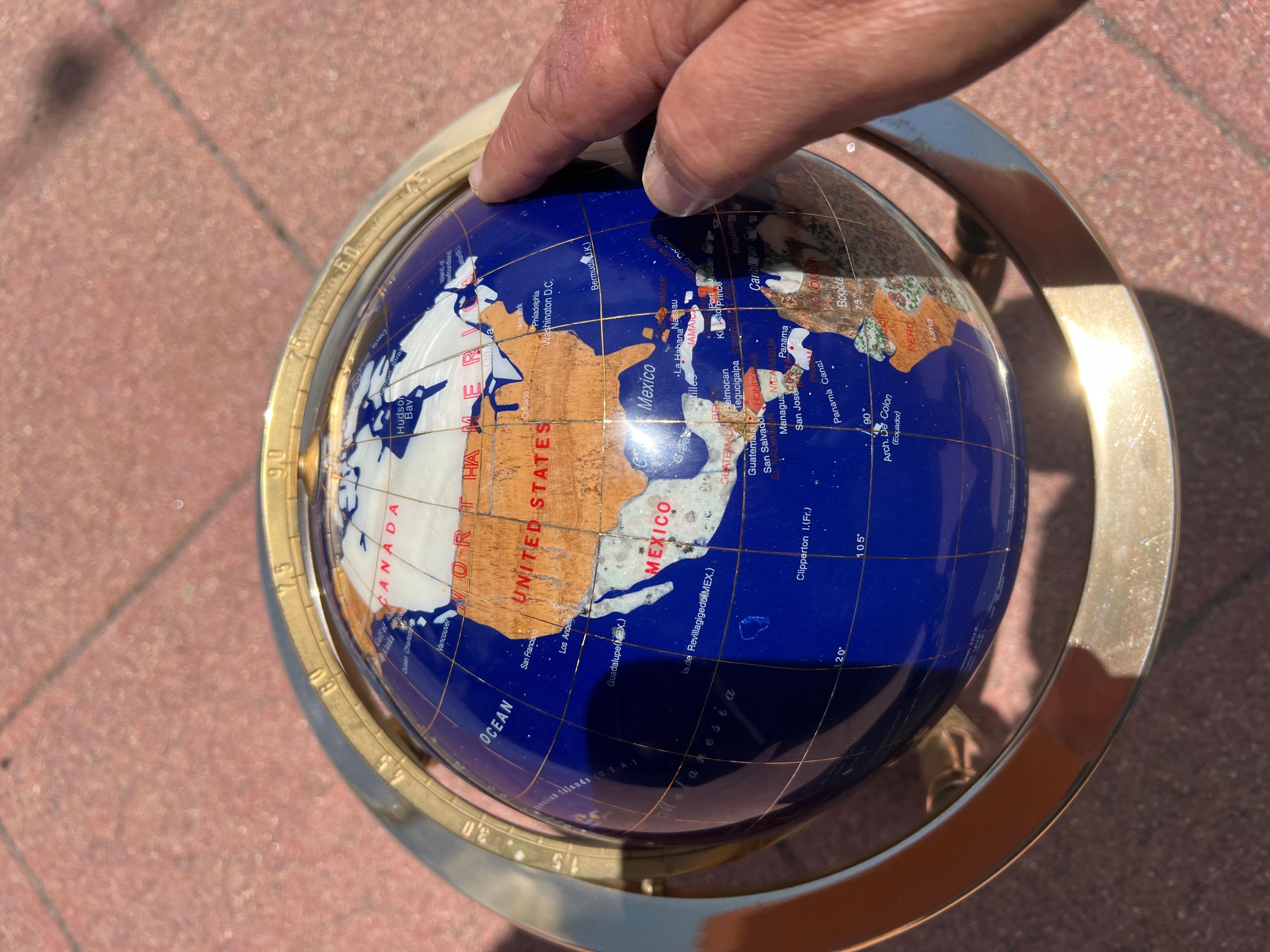 20th Century Post Modern Lapis & Gemstone Revolving World Globe on Solid Brass Stand