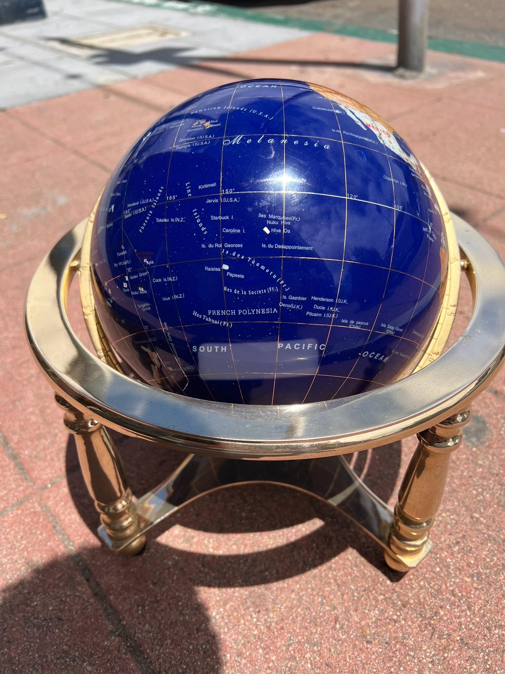 Lapis Lazuli Post Modern Lapis & Gemstone Revolving World Globe on Solid Brass Stand
