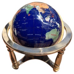Used Post Modern Lapis & Gemstone Revolving World Globe on Solid Brass Stand