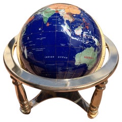 Retro Post Modern Lapis & Gemstone Revolving World Globe on Solid Brass Stand