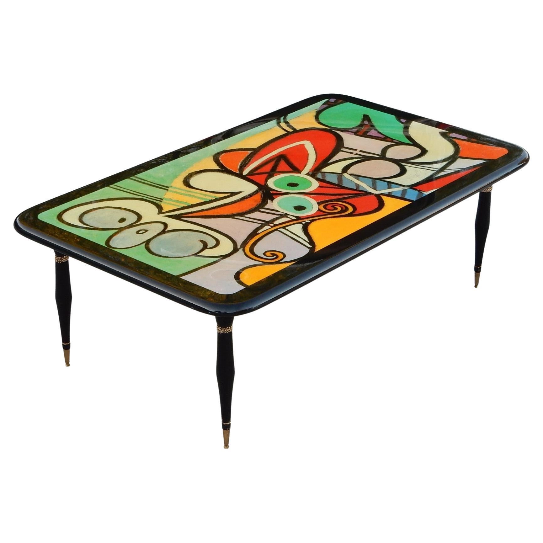 Post-Modern Laquered Picasso Art Cocktail Table For Sale
