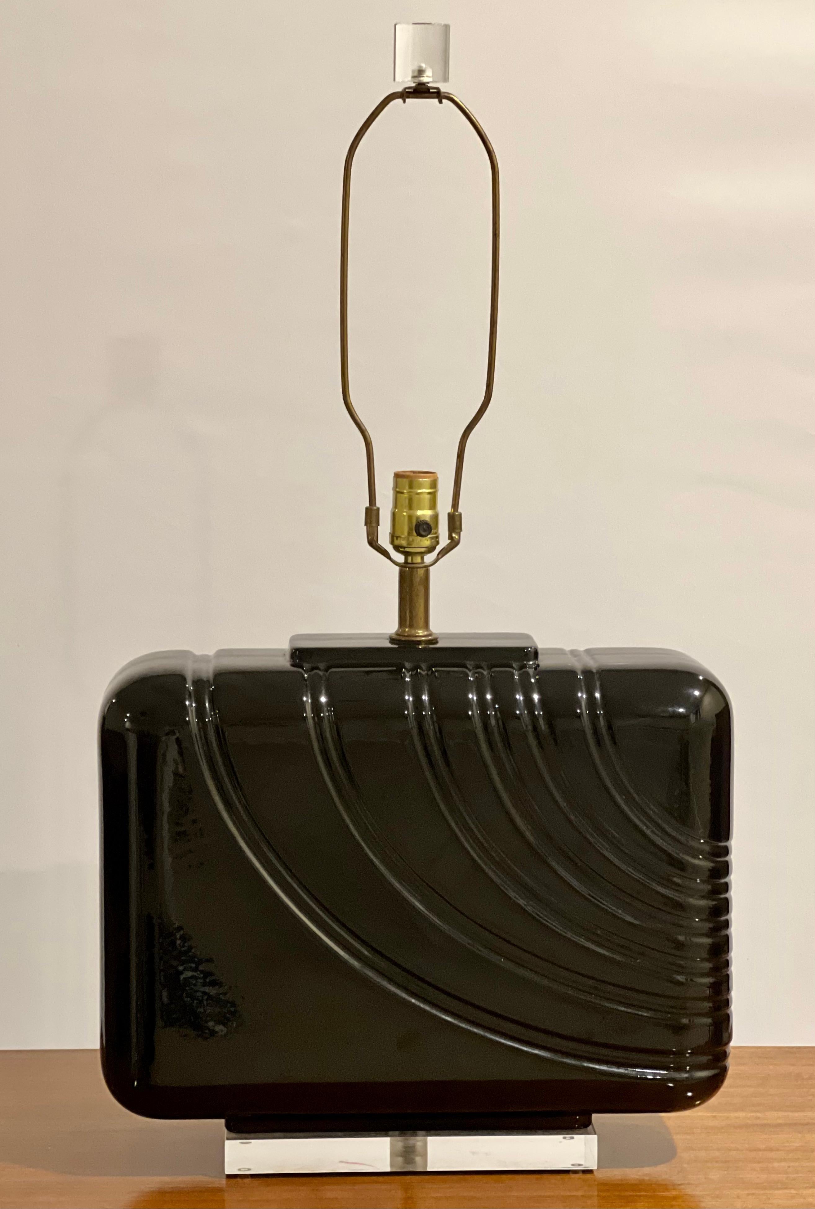 Late 20th Century Post-Modern Large Black Ceramic and Lucite Table Lamps, Pair For Sale