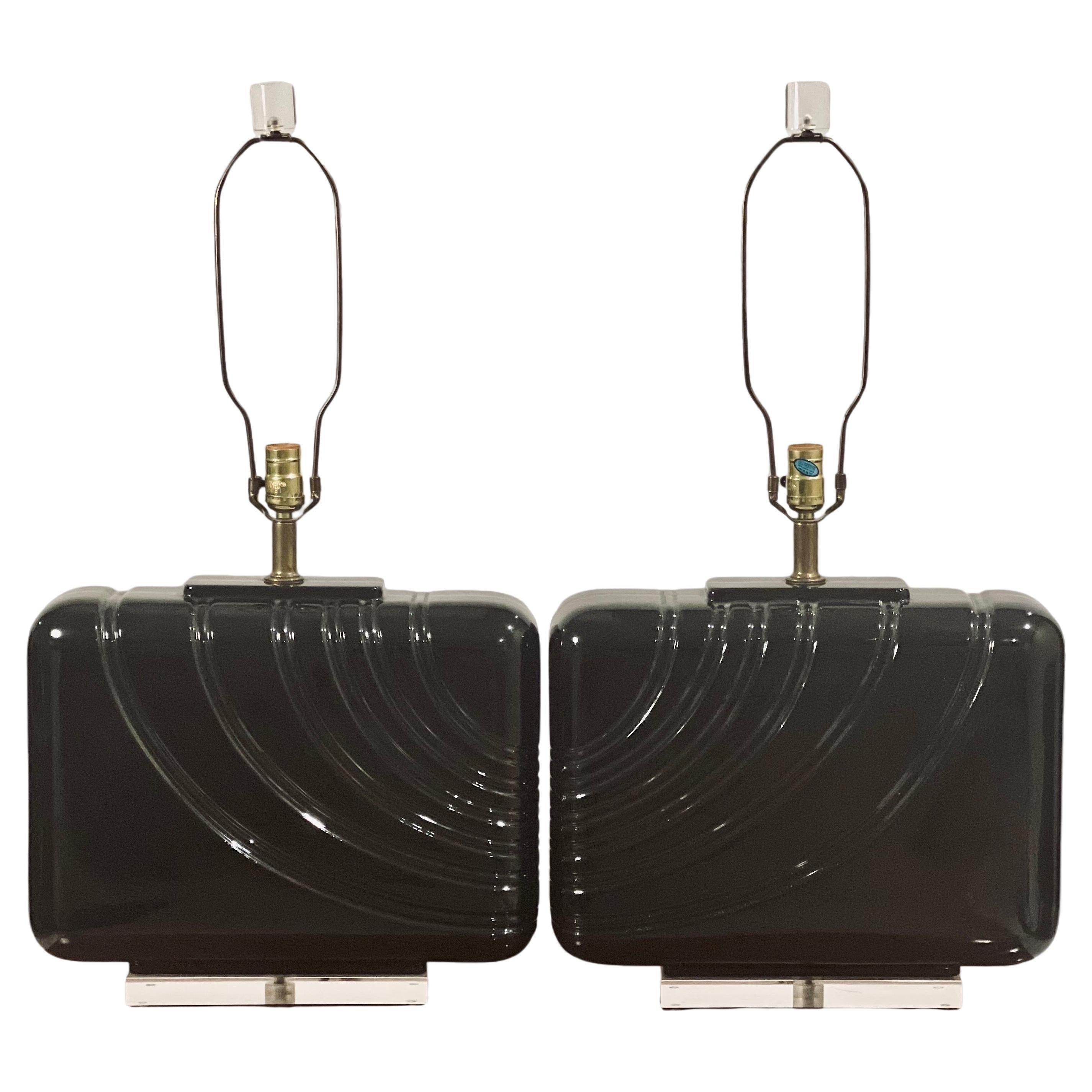 Post-Modern Large Black Ceramic and Lucite Table Lamps, Pair