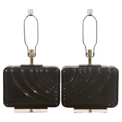 Retro Post-Modern Large Black Ceramic and Lucite Table Lamps, Pair