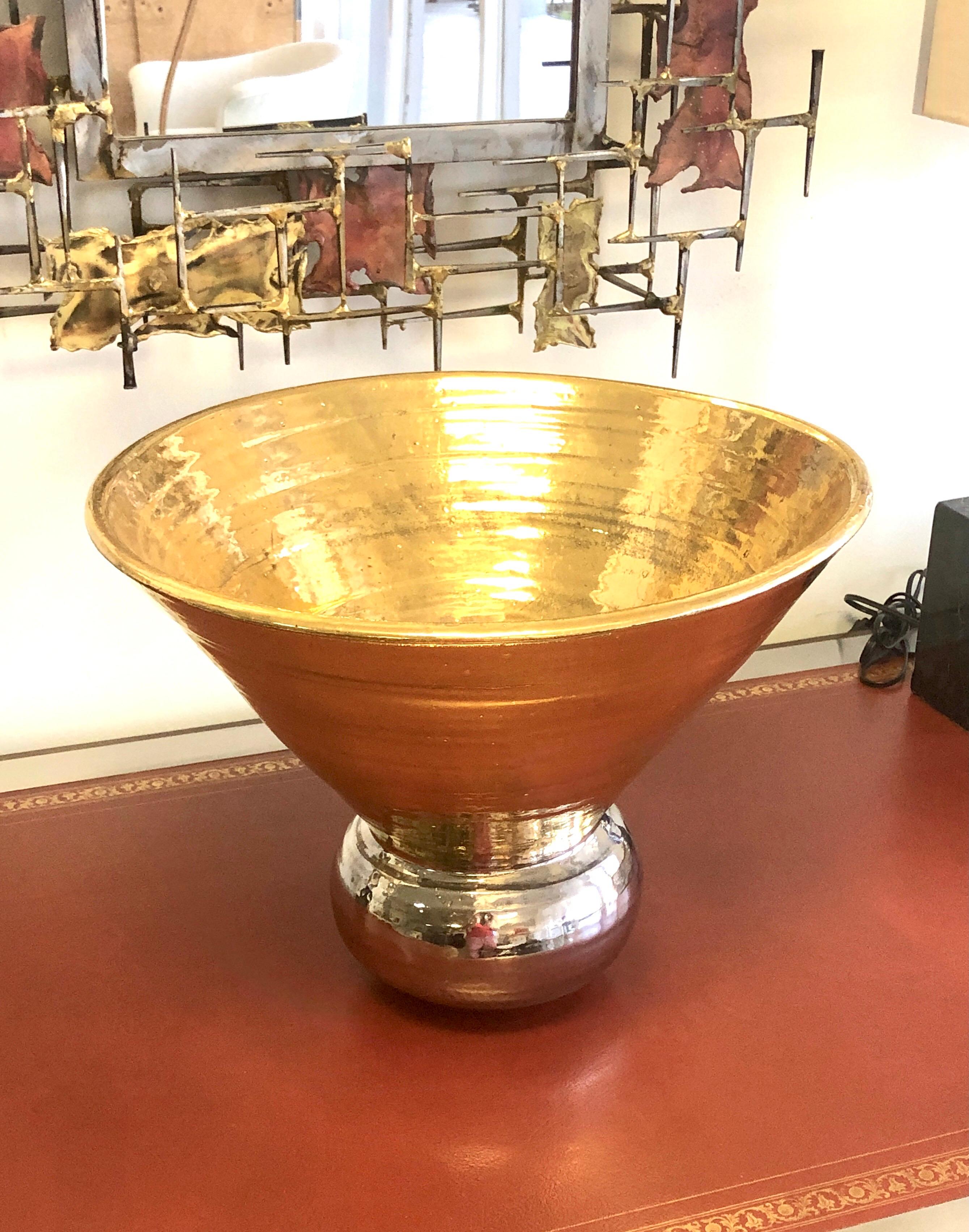 Post Modern Large Ceramic Bowl Gold and Silver Glaze, Signed 1