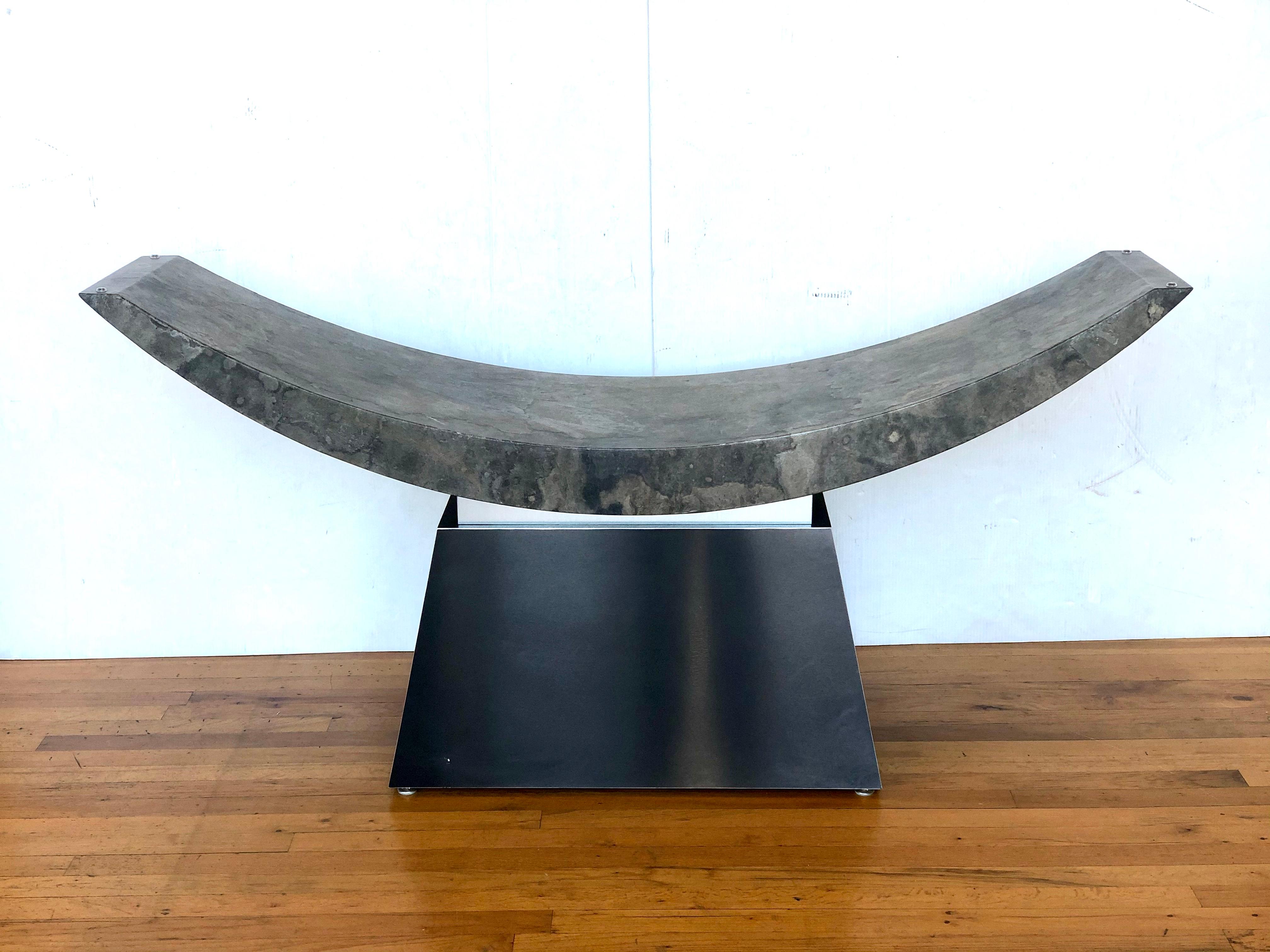 Beautiful massive large table base circa late 1980s, black laminate top with a mate finish and chrome accent band, with a curve faux marble finish, this piece can take a large oval rectangle glass and use it as a dining table or a thin large