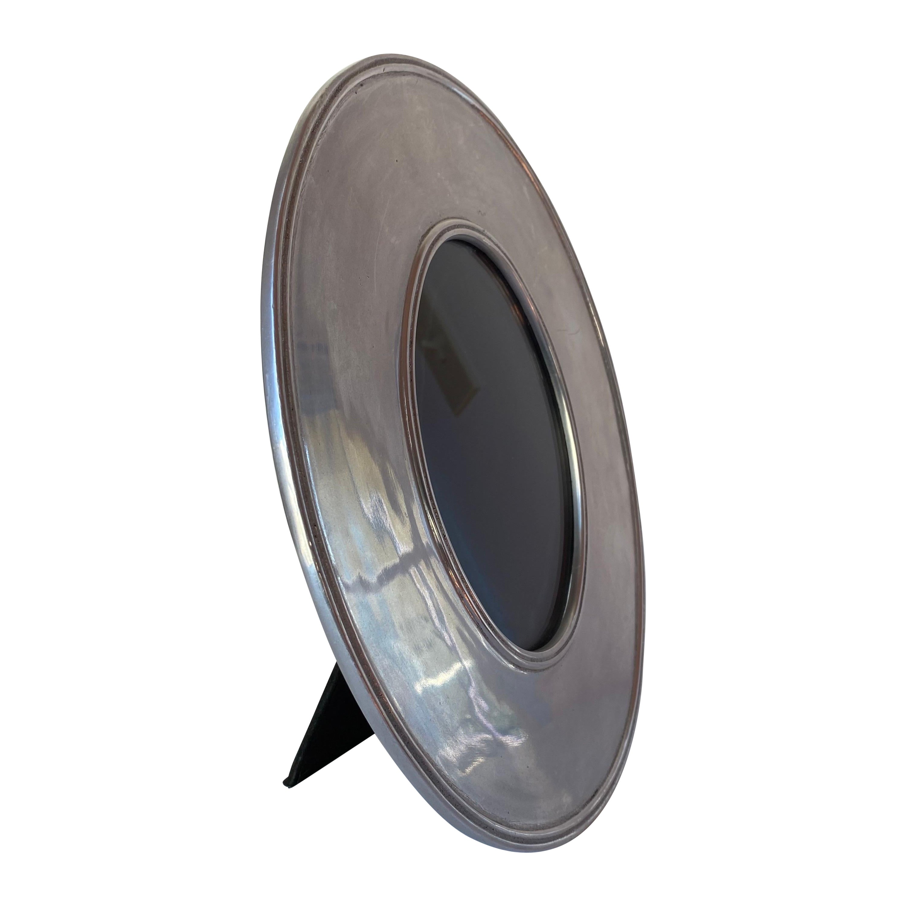 Post Modern Large Oval Disc Silver Plated Metal Photo Frame For Sale