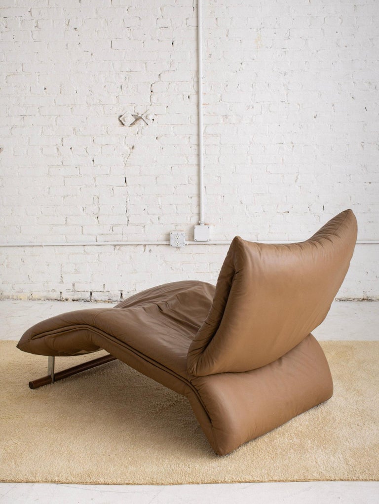 Post Modern Leather Chaise on Wood and Chrome Legs at 1stDibs