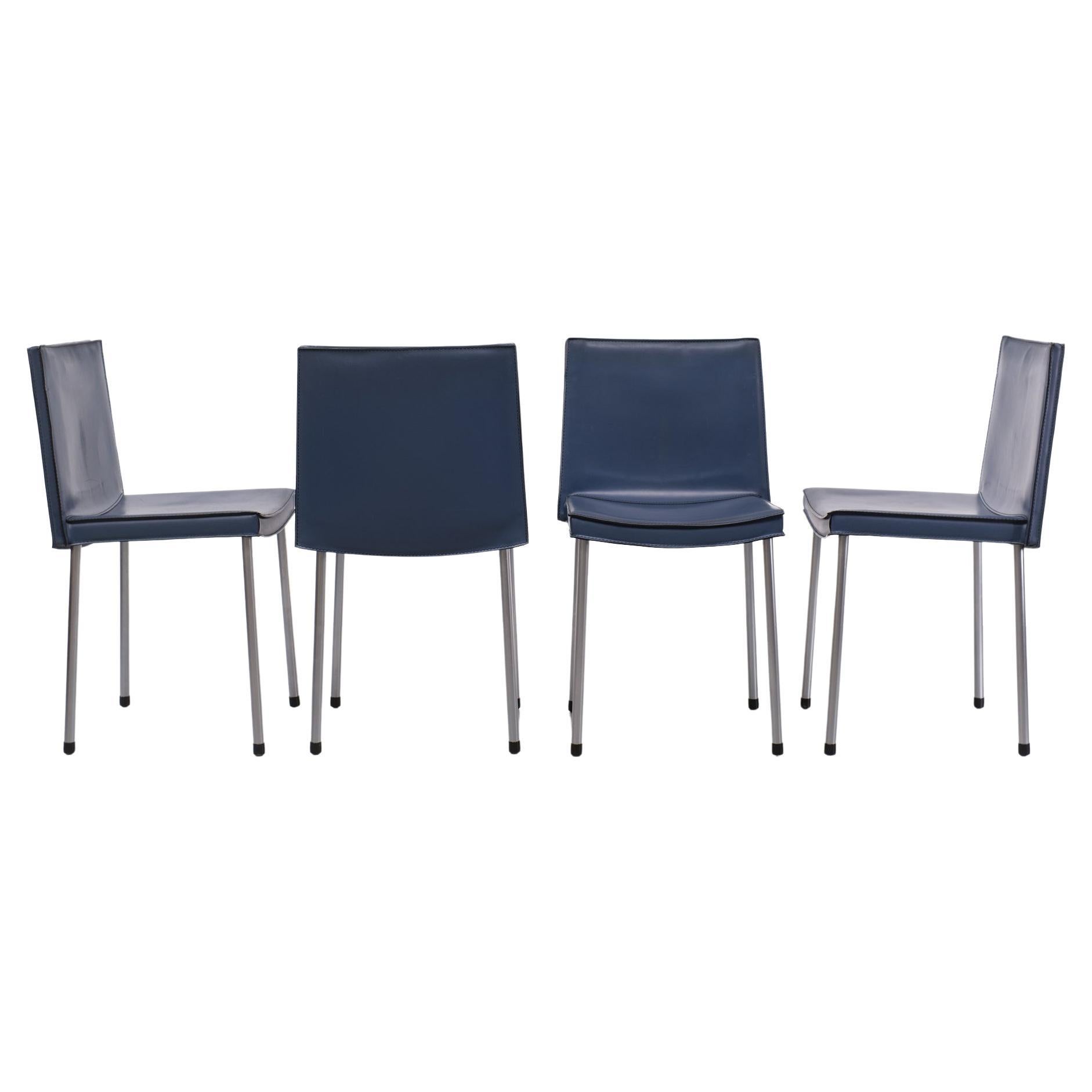 Very nice stylish Post Modern dining chairs. Blue Smooth stich Leather upholstery 
 Blue color Aluminum legs. Attributed to Mario Bellini for Cassina CAB.
Superb quality.