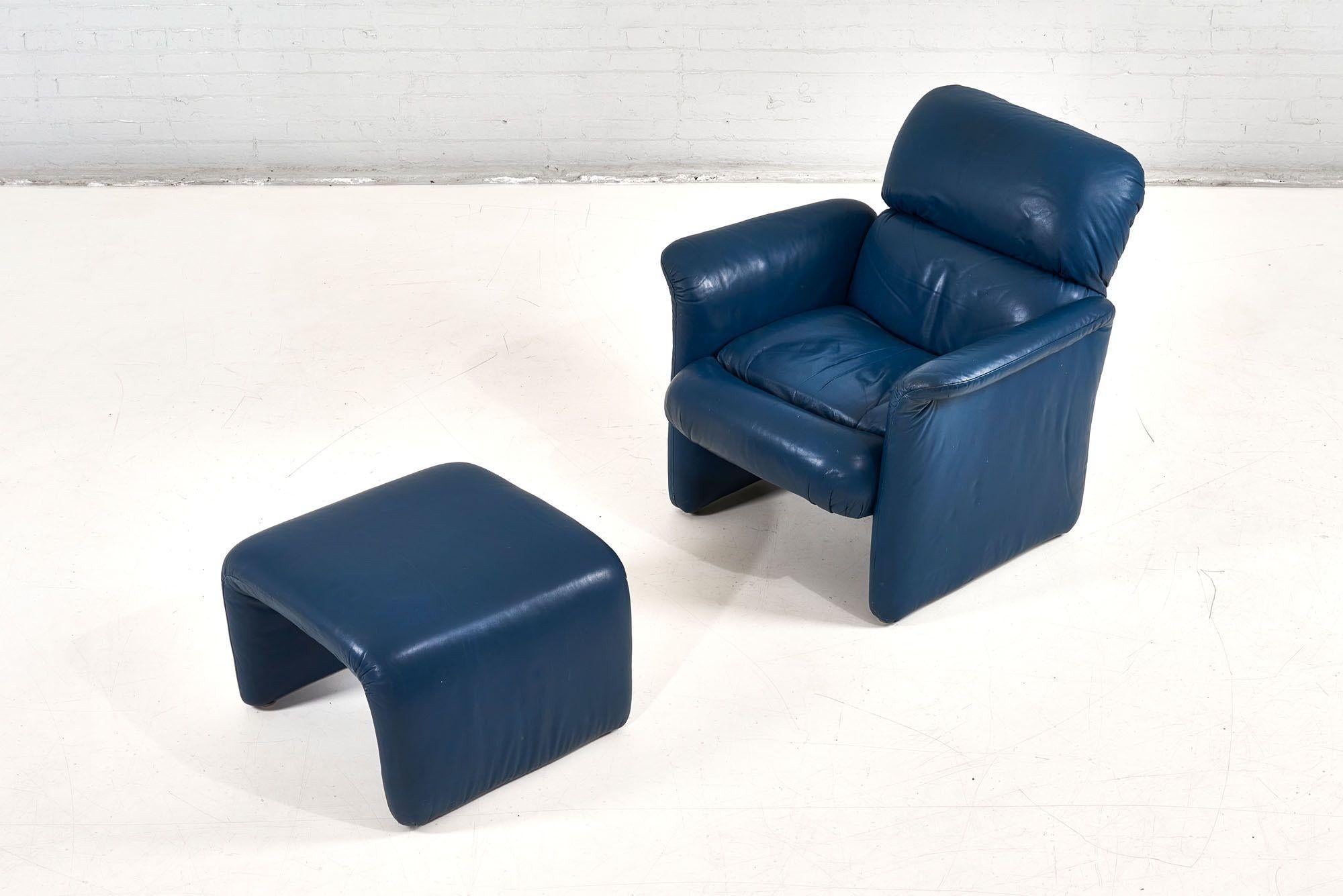 Post modern Blue Leather Lounge Chair and waterfall Ottoman, 1980. Original leather.