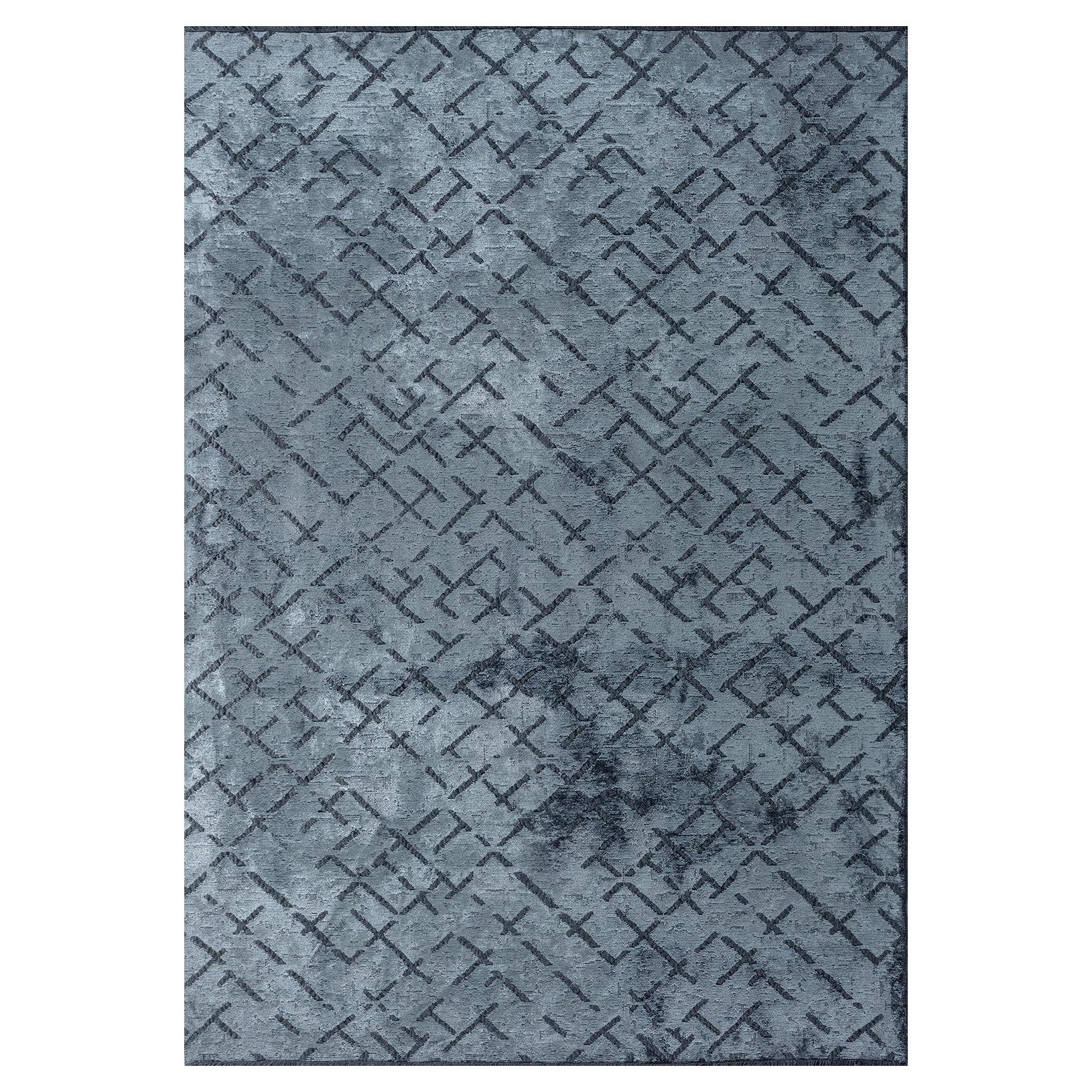 Post Modern Light Blue Abstract Repeat Pattern Rug with or without Fringe For Sale
