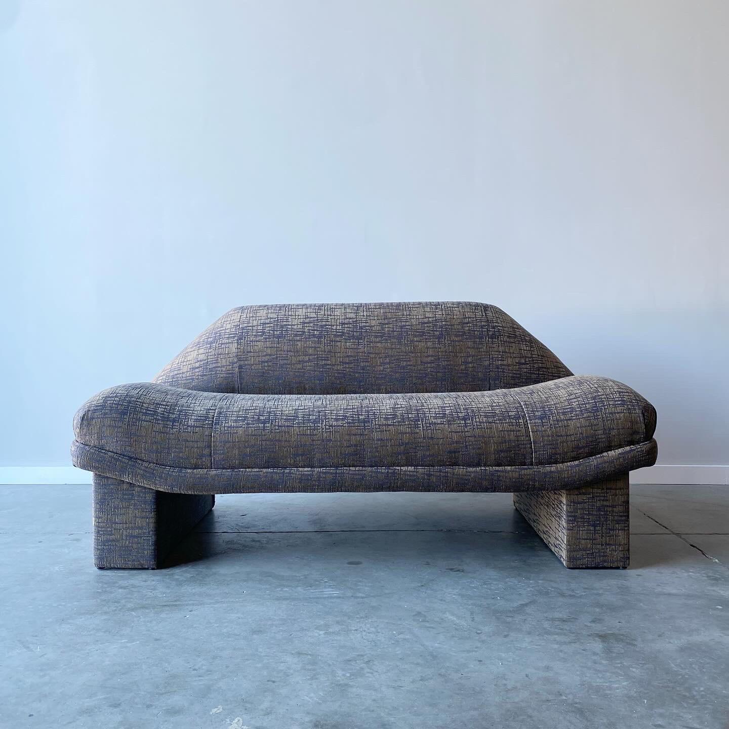 Vintage Post-Modern loveseats newly upholstered in a luxurious textured abstract velvet.  Priced individually.   