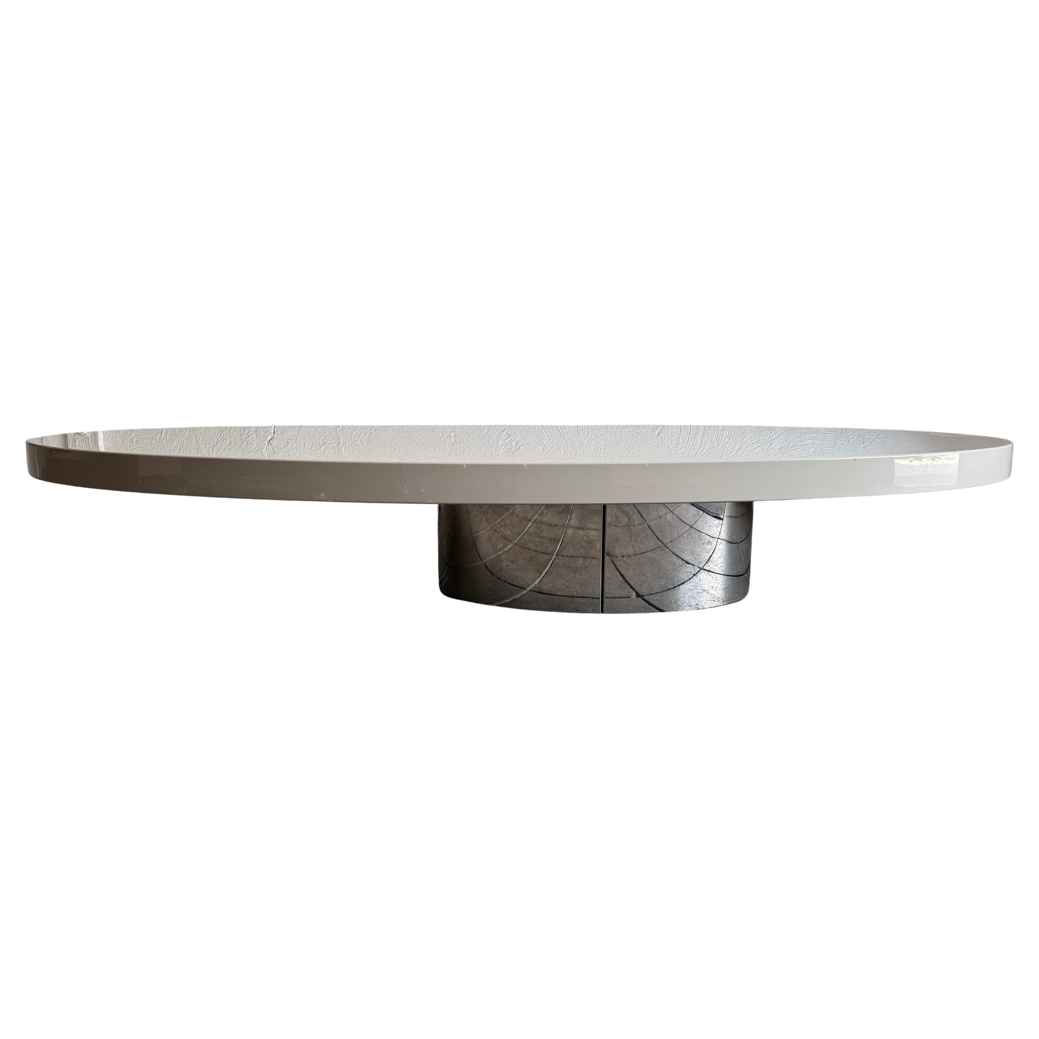 Post modern low long oval taupe lacquer coffee table