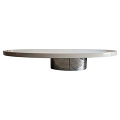 Post modern low long oval taupe lacquer coffee table