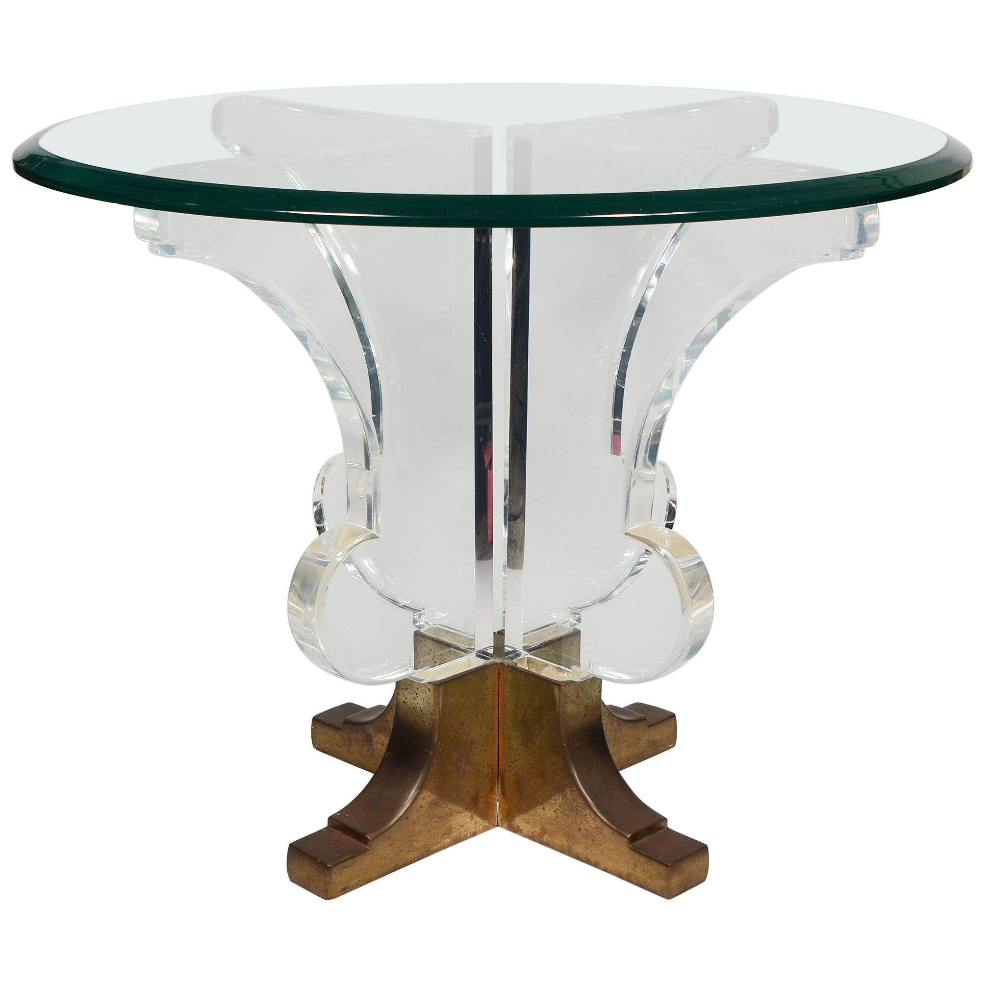 Post Modern Lucite and Brass Round Side Table