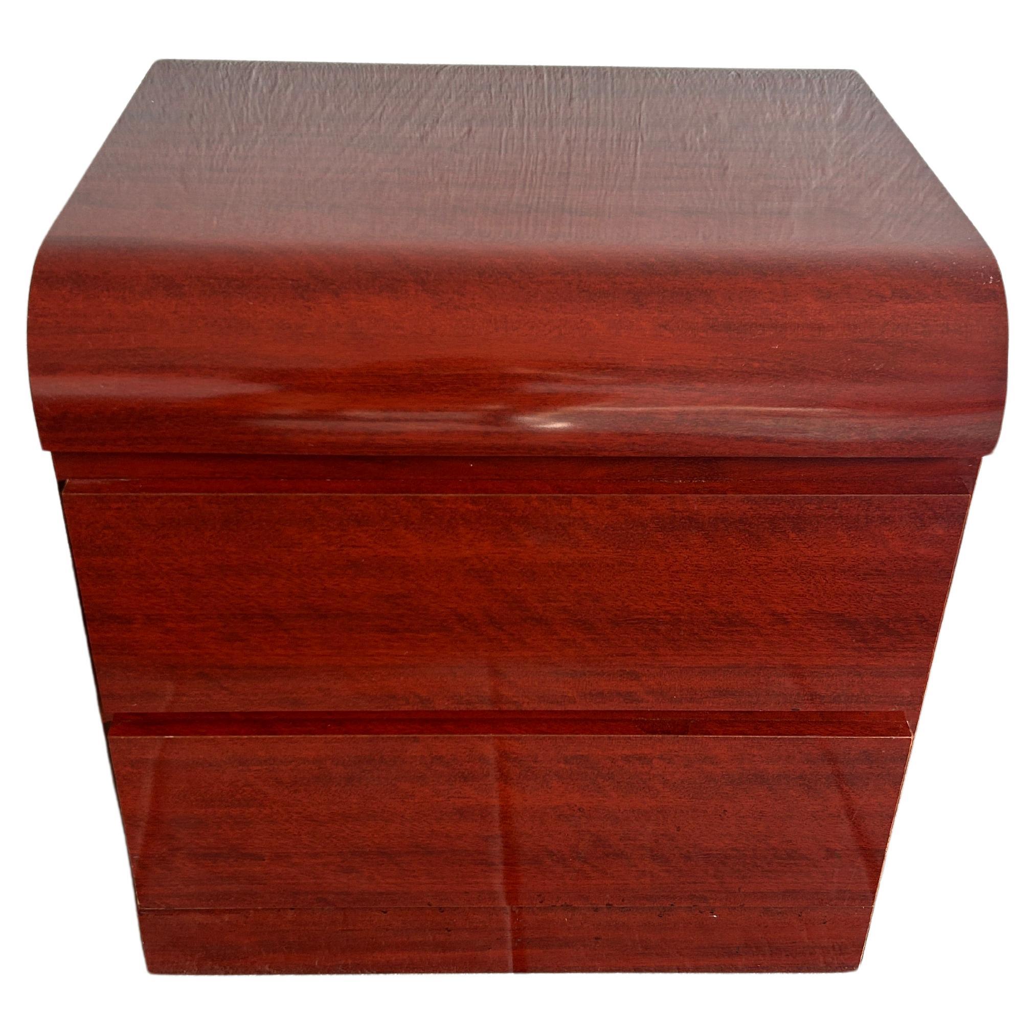 Post modern mahogany Gloss faux wood Laminate waterfall 2 Drawer nightstand For Sale