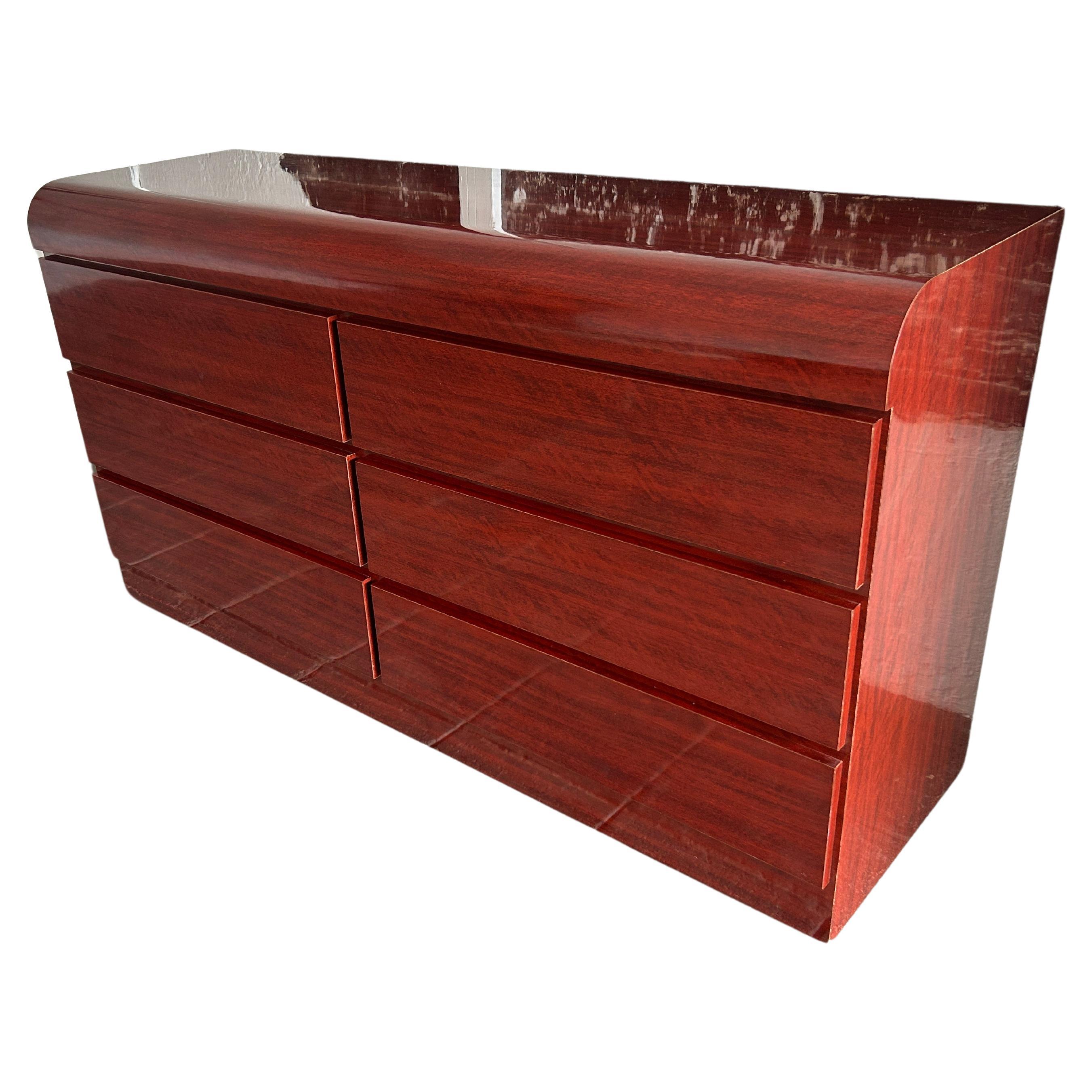 Post modern mahogany Gloss faux wood Laminate waterfall 6 Drawer Dresser For Sale