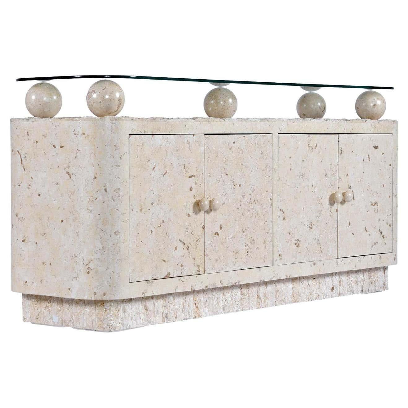 Late 20th Century Post-Modern Maitland Smith Style Tessellated Mactan Stone Orb Credenza