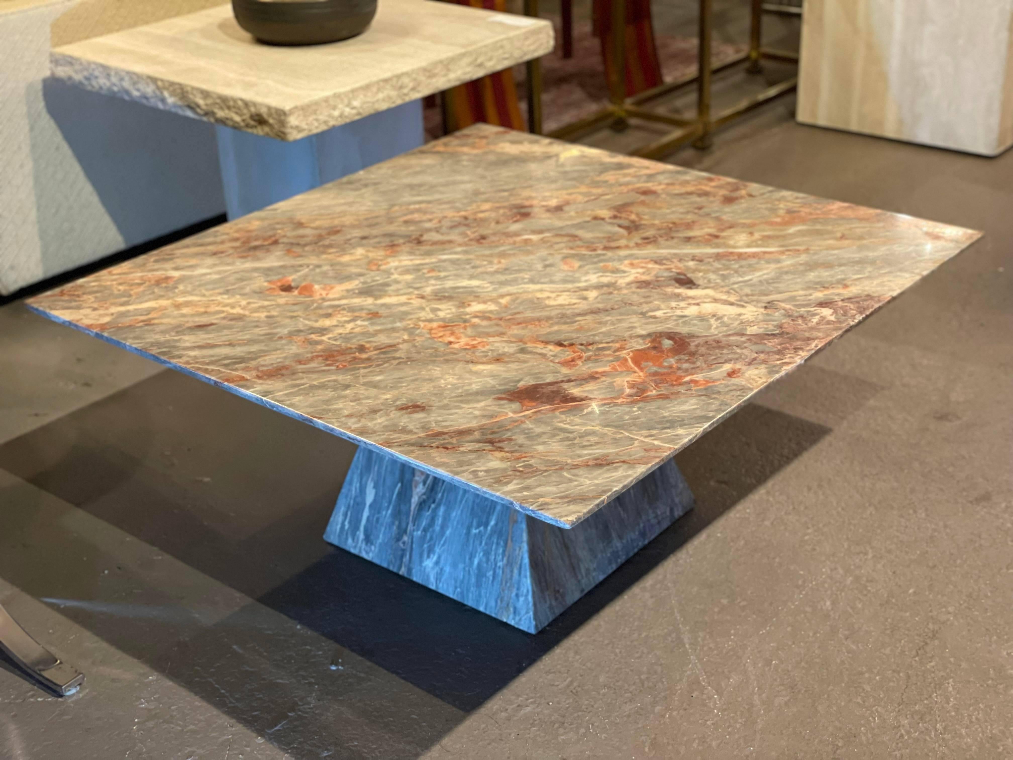 Post-Modern Fior Di Pesco Post Modern Marble Gray Peach Coffee Table with Trapezoid Base
