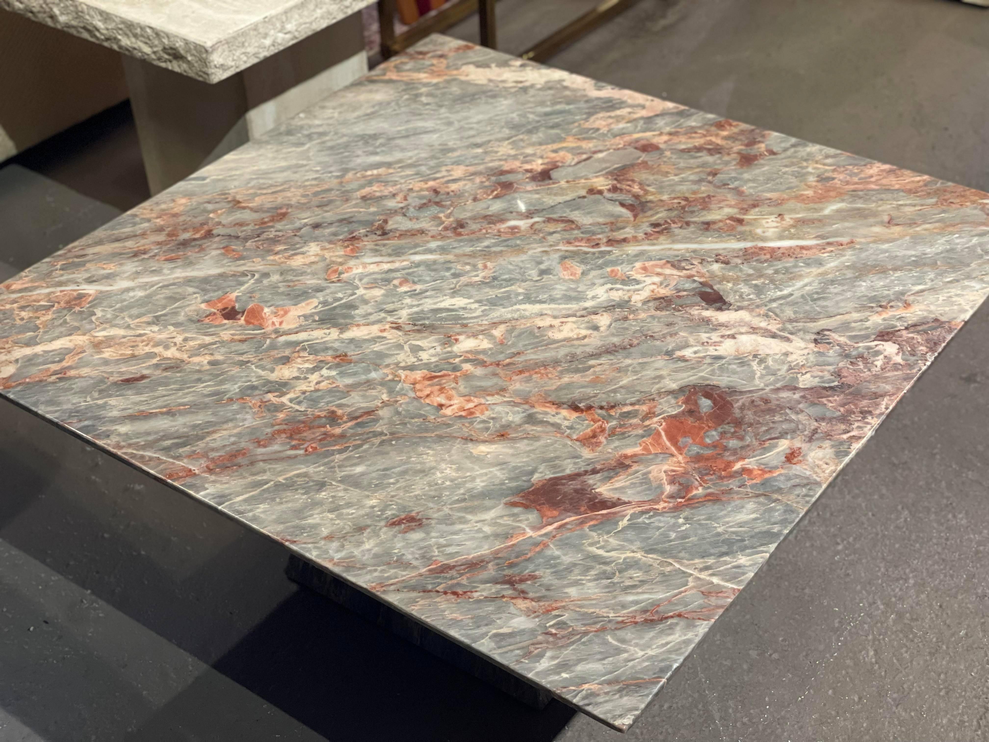 Fior Di Pesco Post Modern Marble Gray Peach Coffee Table with Trapezoid Base In Good Condition In Chicago, IL