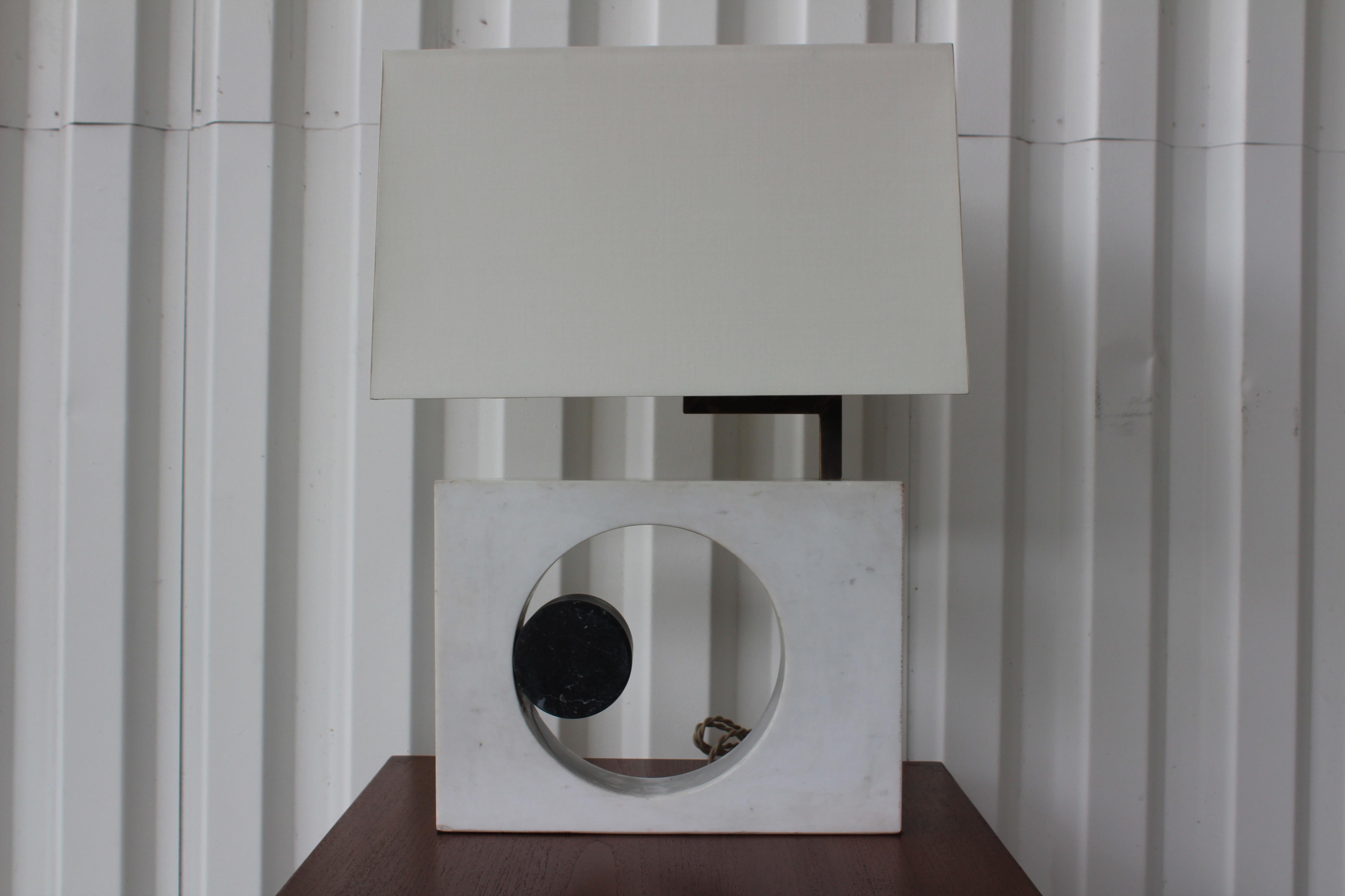 1980s Postmodern marble sculpture, custom made into a table lamp. Newly rewired and fitted with a custom silk shade.