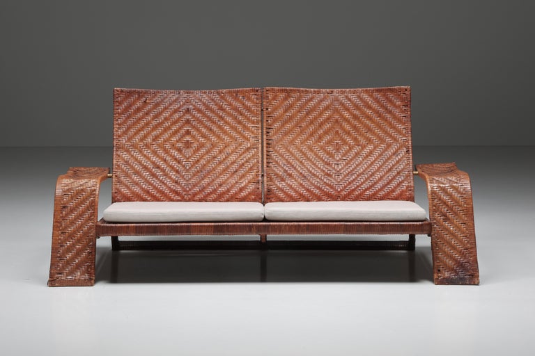 Woven Post-Modern Marzio Cecchi Leather Two-Seater Couch, Italian Design, 1970s For Sale