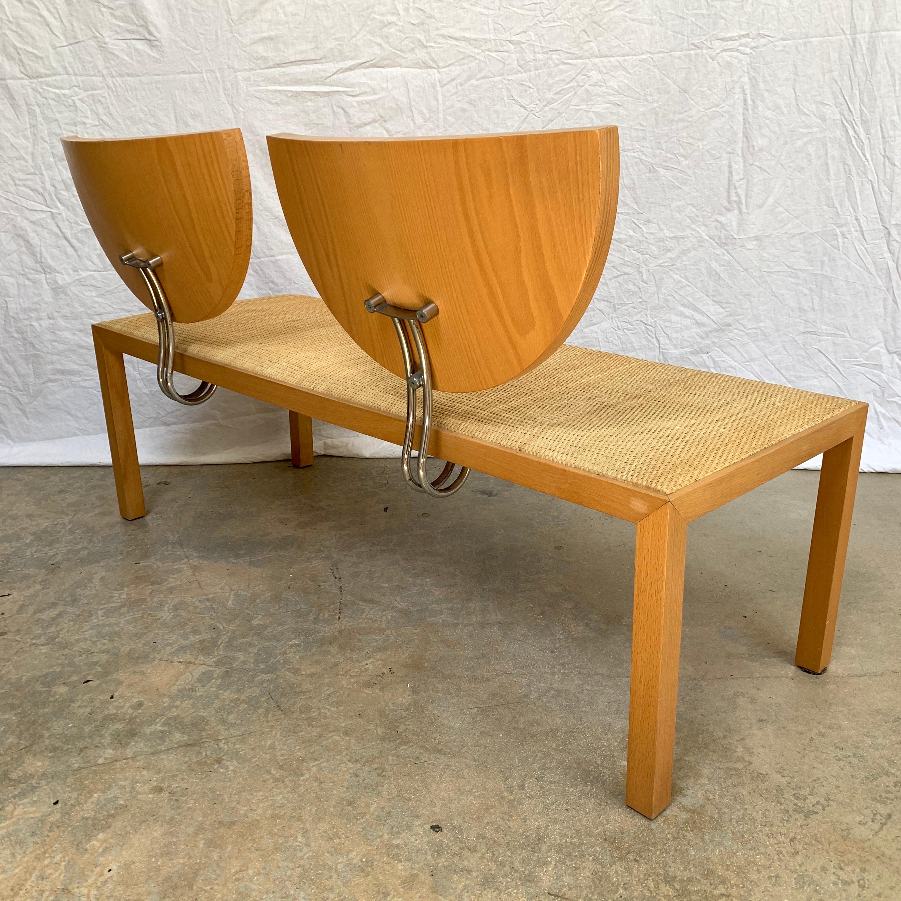 Plated Postmodern Memphis Style Oak and Raffia Bench or Settee, Italy, 1980s