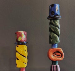 Post Modern Memphis Milano Studio Pottery Candlesticks, Signed Mueller '97 Pai
