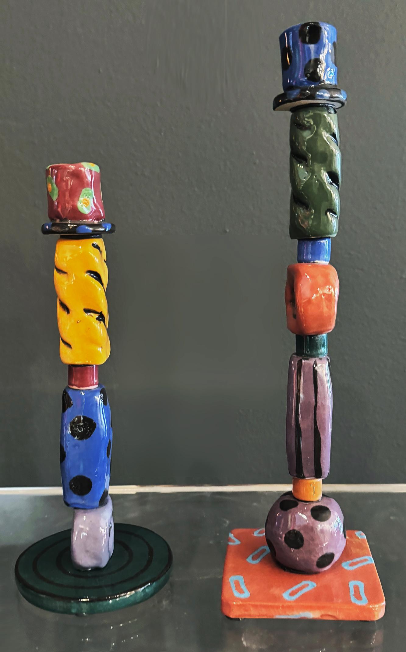 Post-Modern Post Modern Memphis Milano Studio Pottery Candlesticks, Signed Mueller '97 Pai For Sale