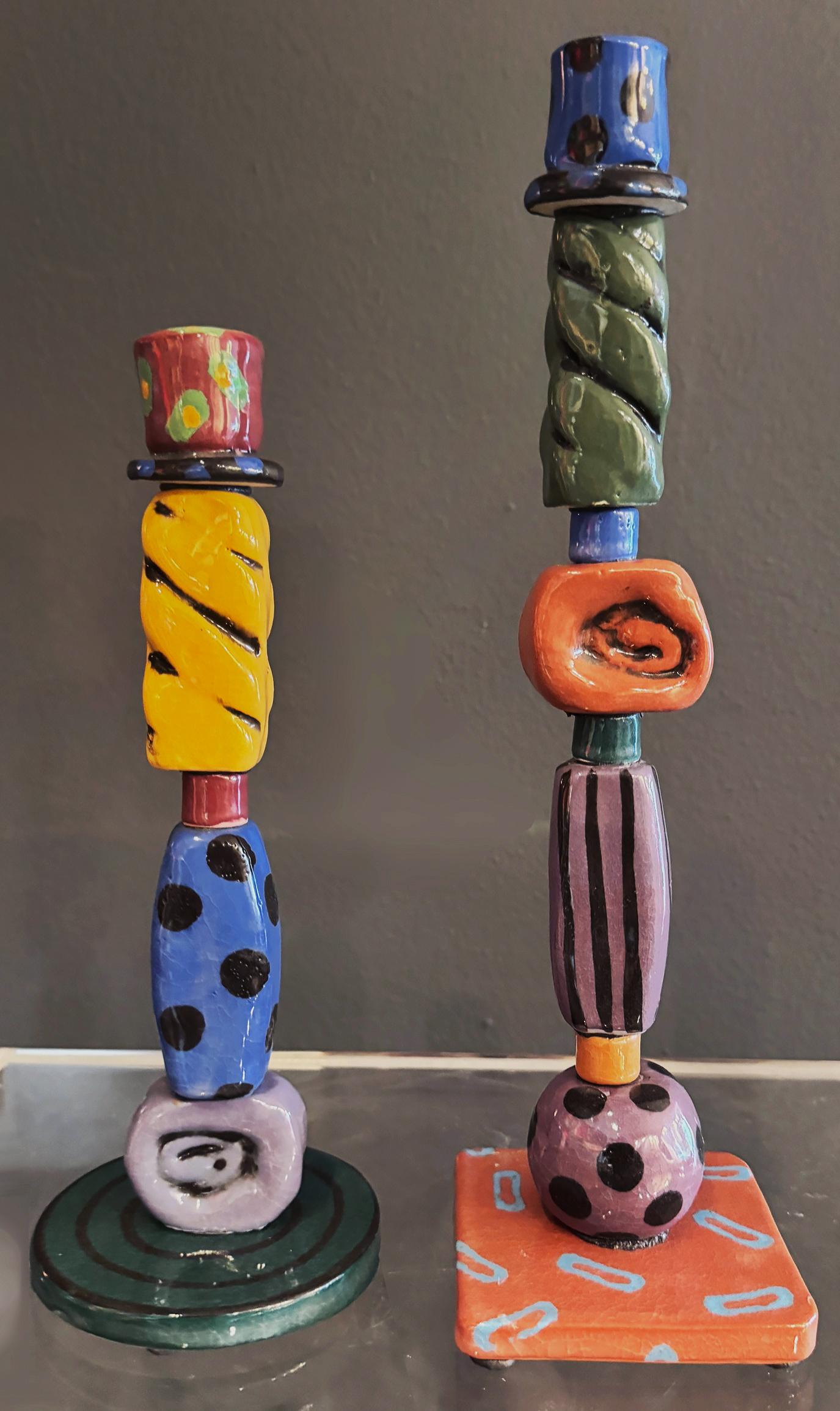 American Post Modern Memphis Milano Studio Pottery Candlesticks, Signed Mueller '97 Pai For Sale