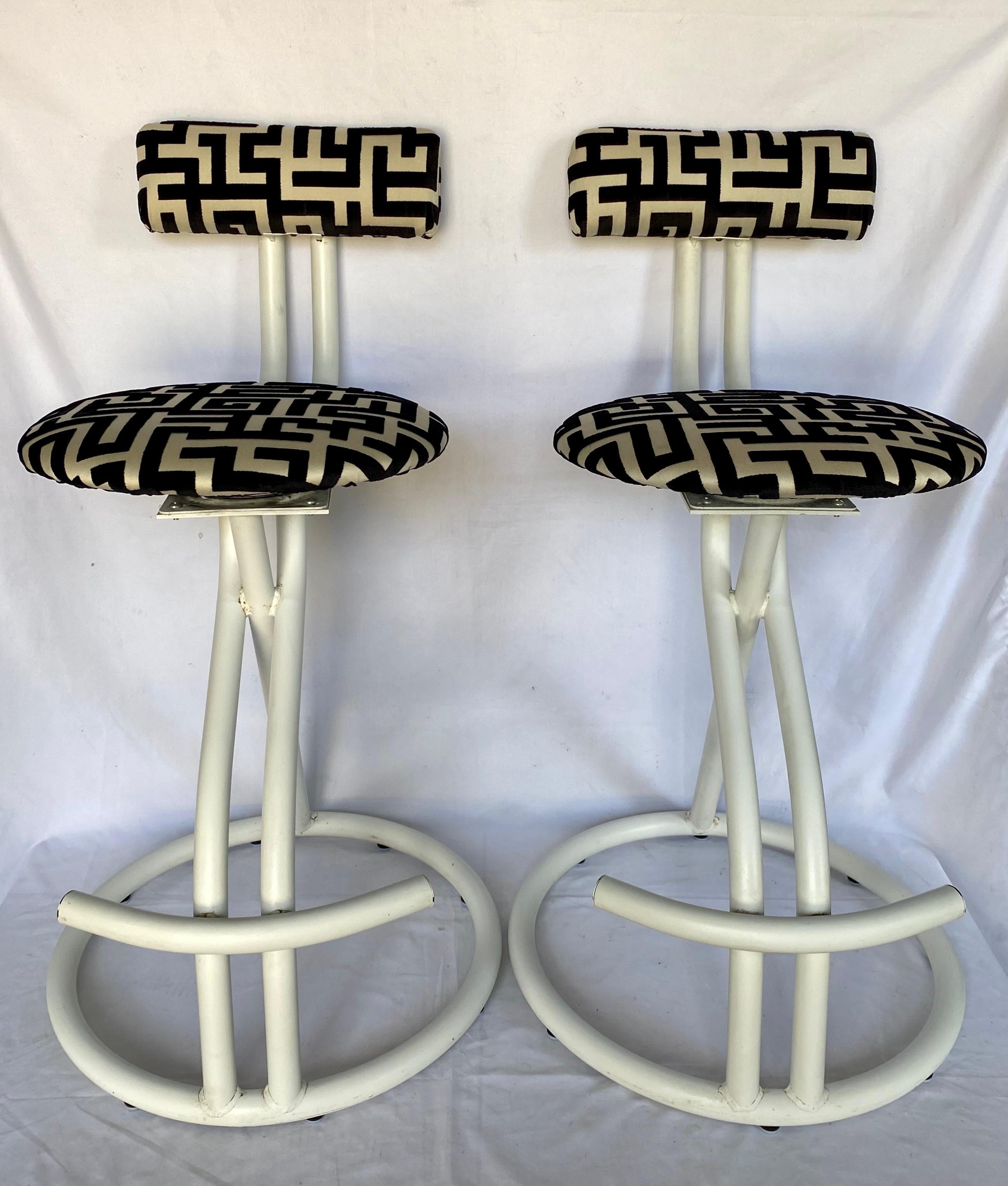 Post Modern Memphis Milano Style Geometric Swivel Stools by Cal-Style, Pair In Good Condition For Sale In Lambertville, NJ