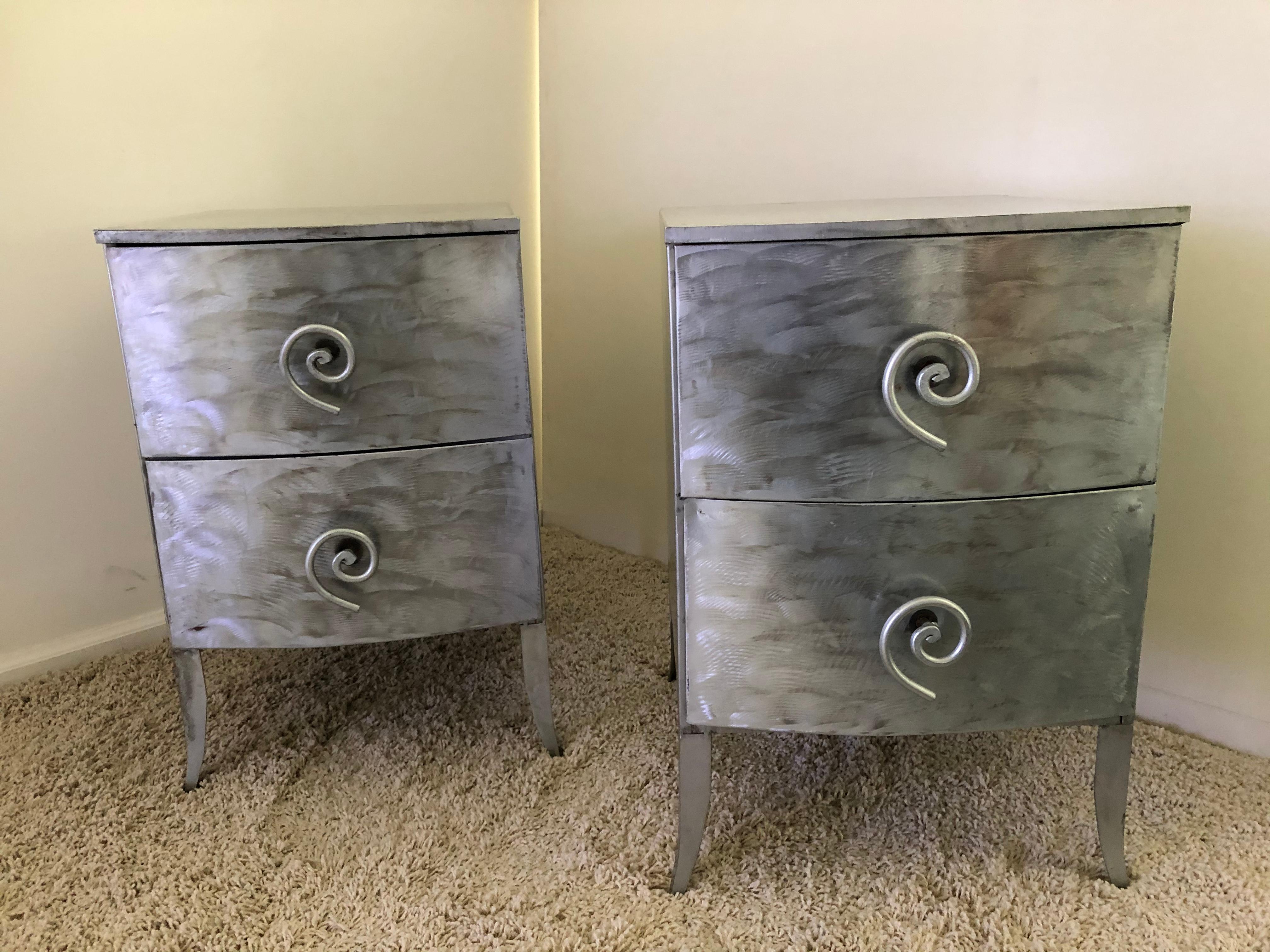 Postmodern, Memphis style aluminum brushes swirls design two-drawer nightstand / end tables, with curled aluminum pull .great storage and size.