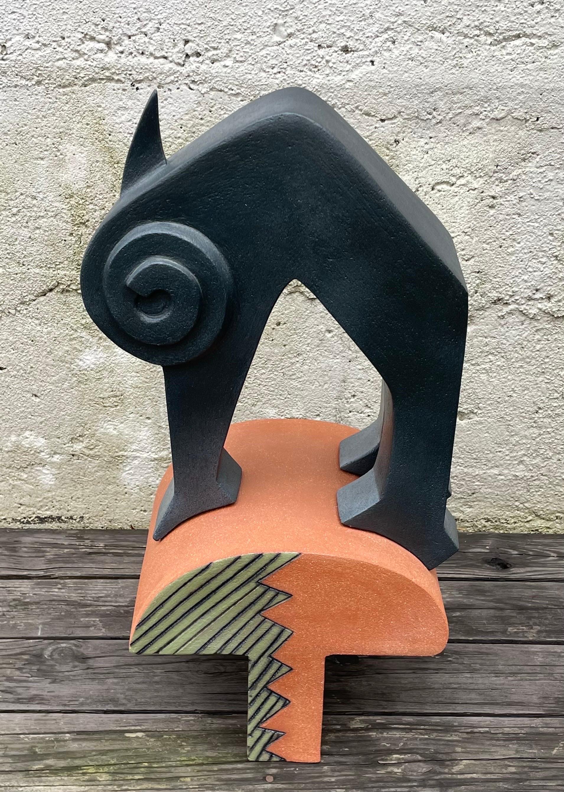 American Cat Sculpture Ceramic Post Modern Memphis Style by Elyse Saperstein