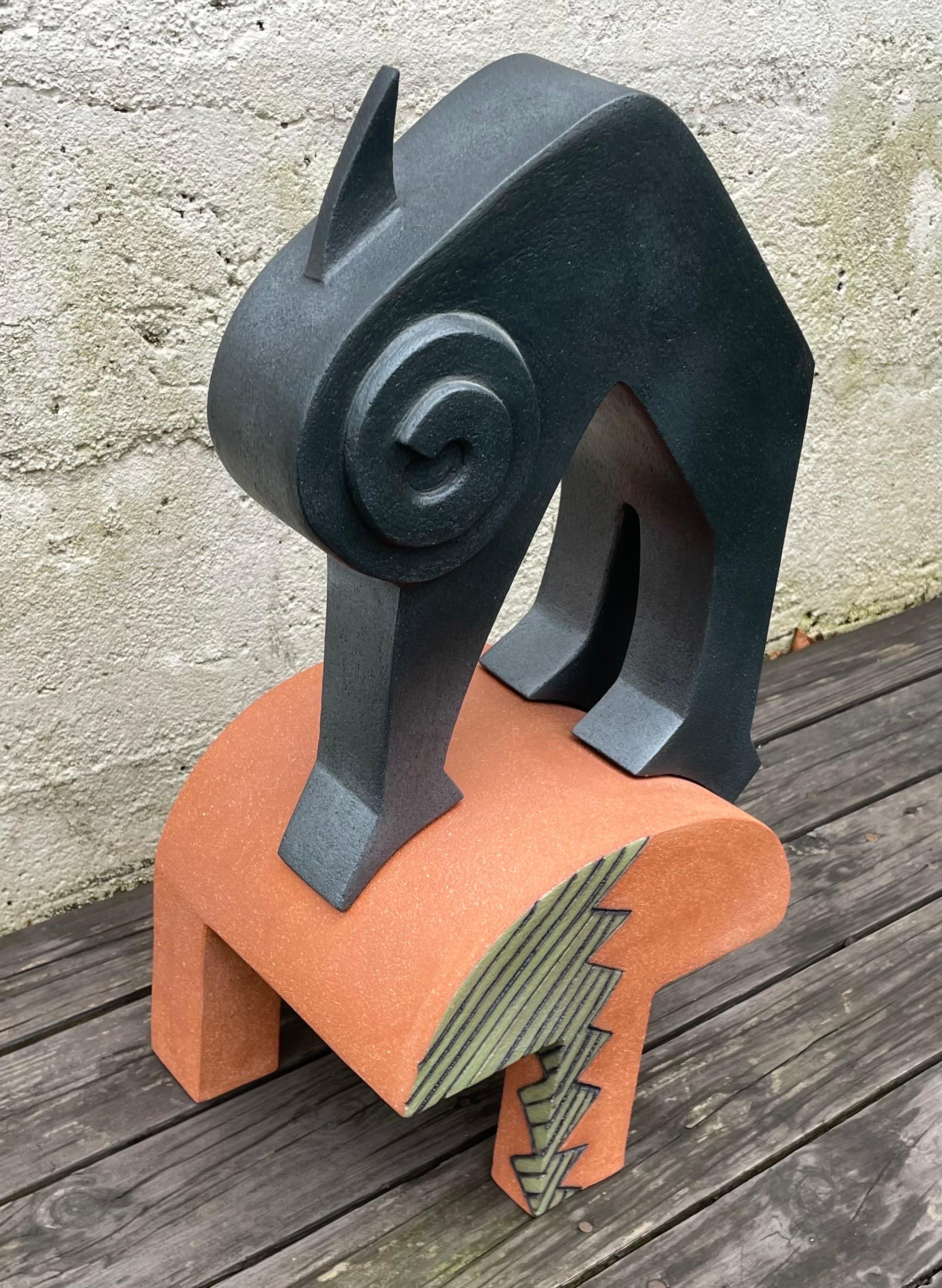 Glazed Cat Sculpture Ceramic Post Modern Memphis Style by Elyse Saperstein