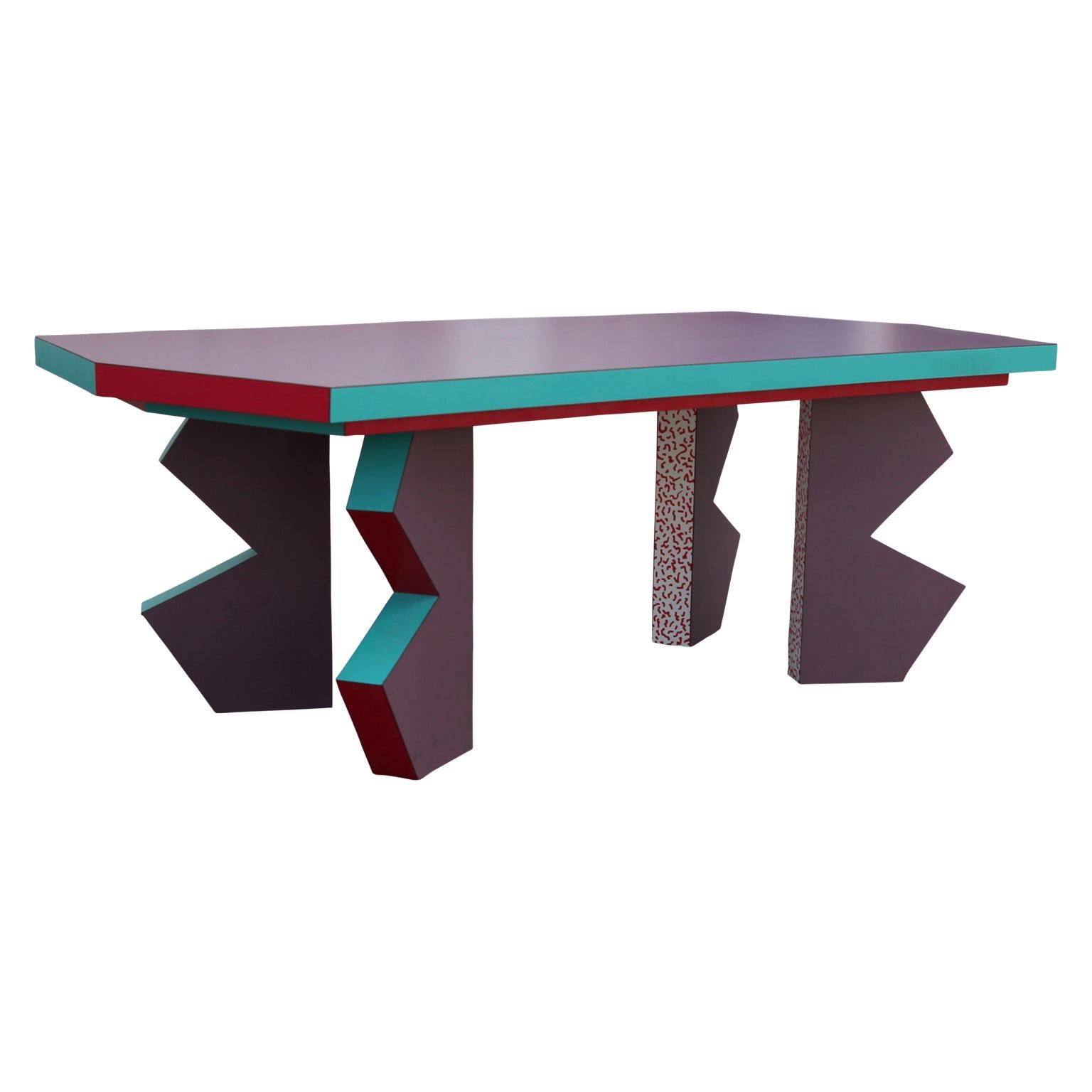 Postmodern Memphis Style Pink, Teal, and Purple Zig Zag Table
